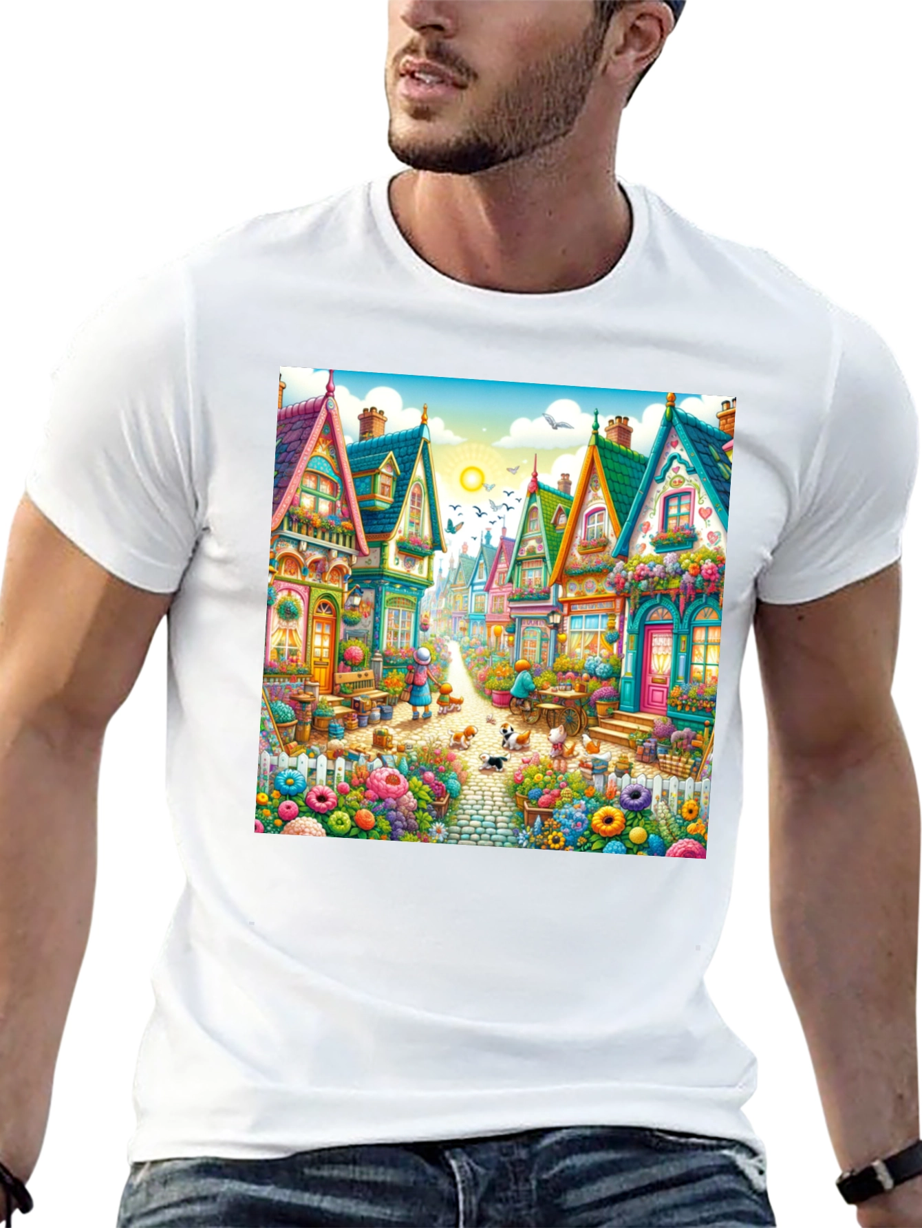 Black Whimsical Village T-Shirt - Colorful Town Design view 13