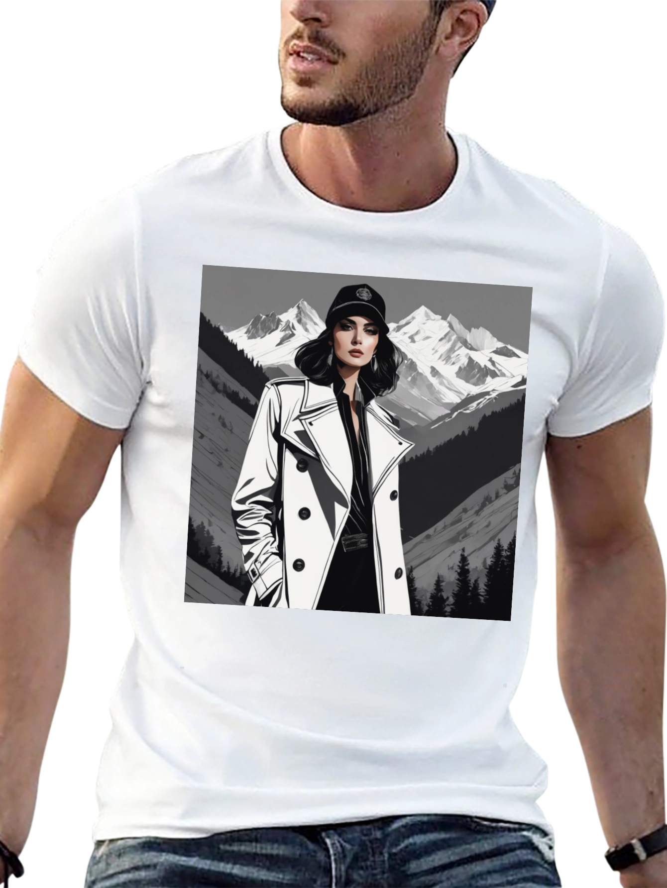 Black Stylish Woman Mountain Tee - Black Cotton Blend view 13