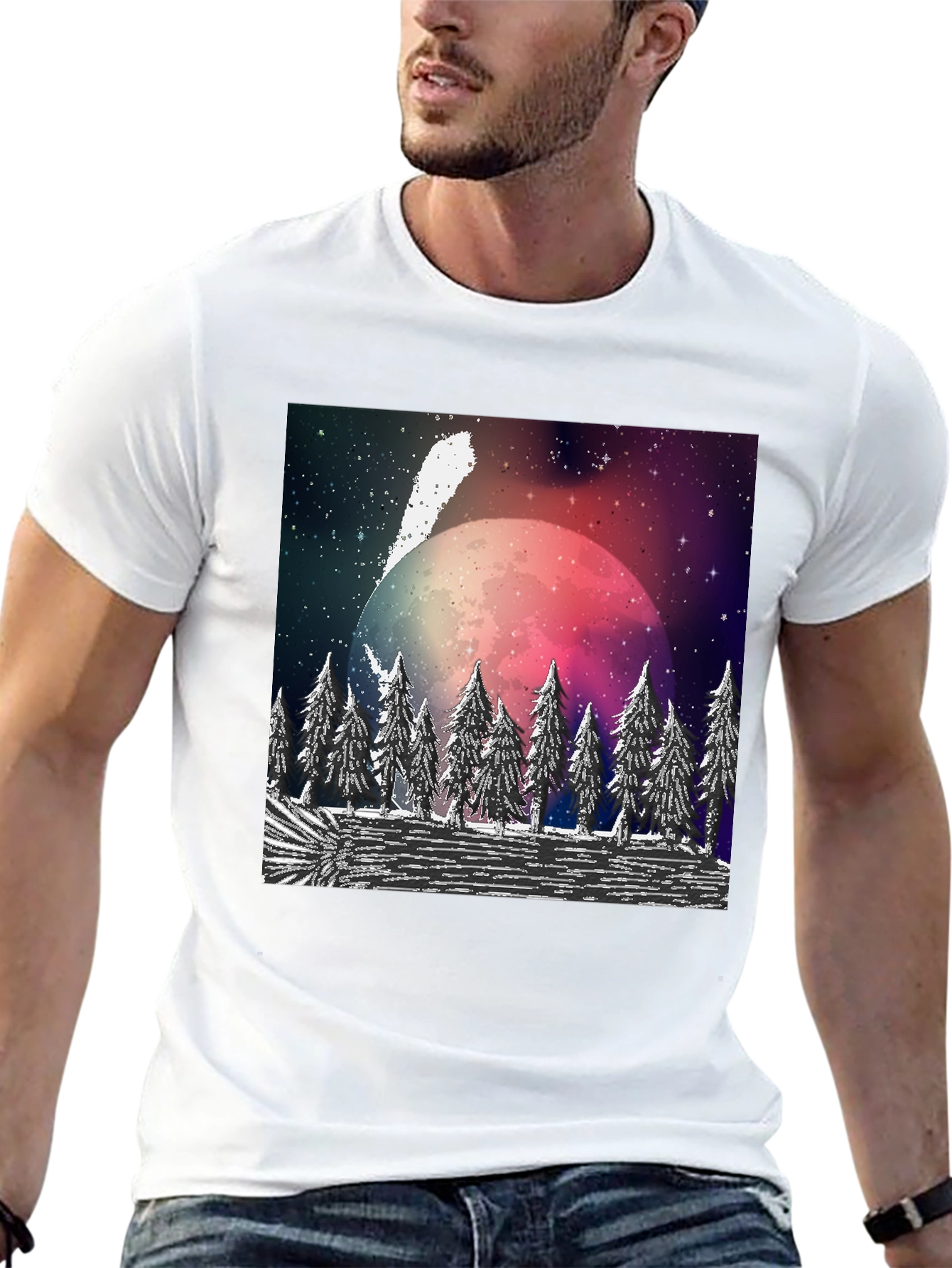 Black Cosmic Forest T-Shirt - Black Crew Neck view 13