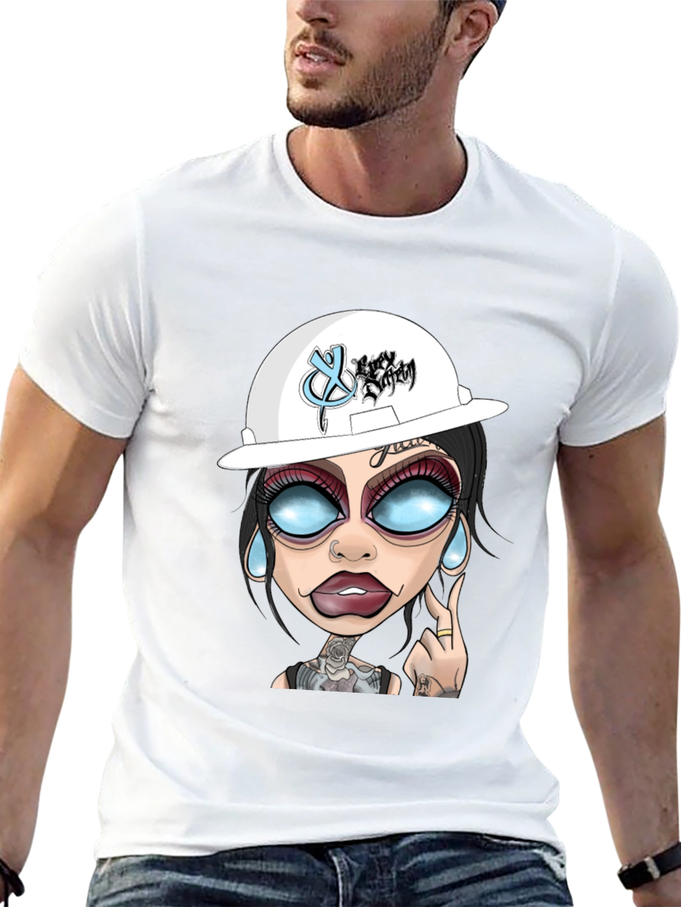 Black Cartoon Graphic T-Shirt - Edgy Tattoo Girl Design view 13