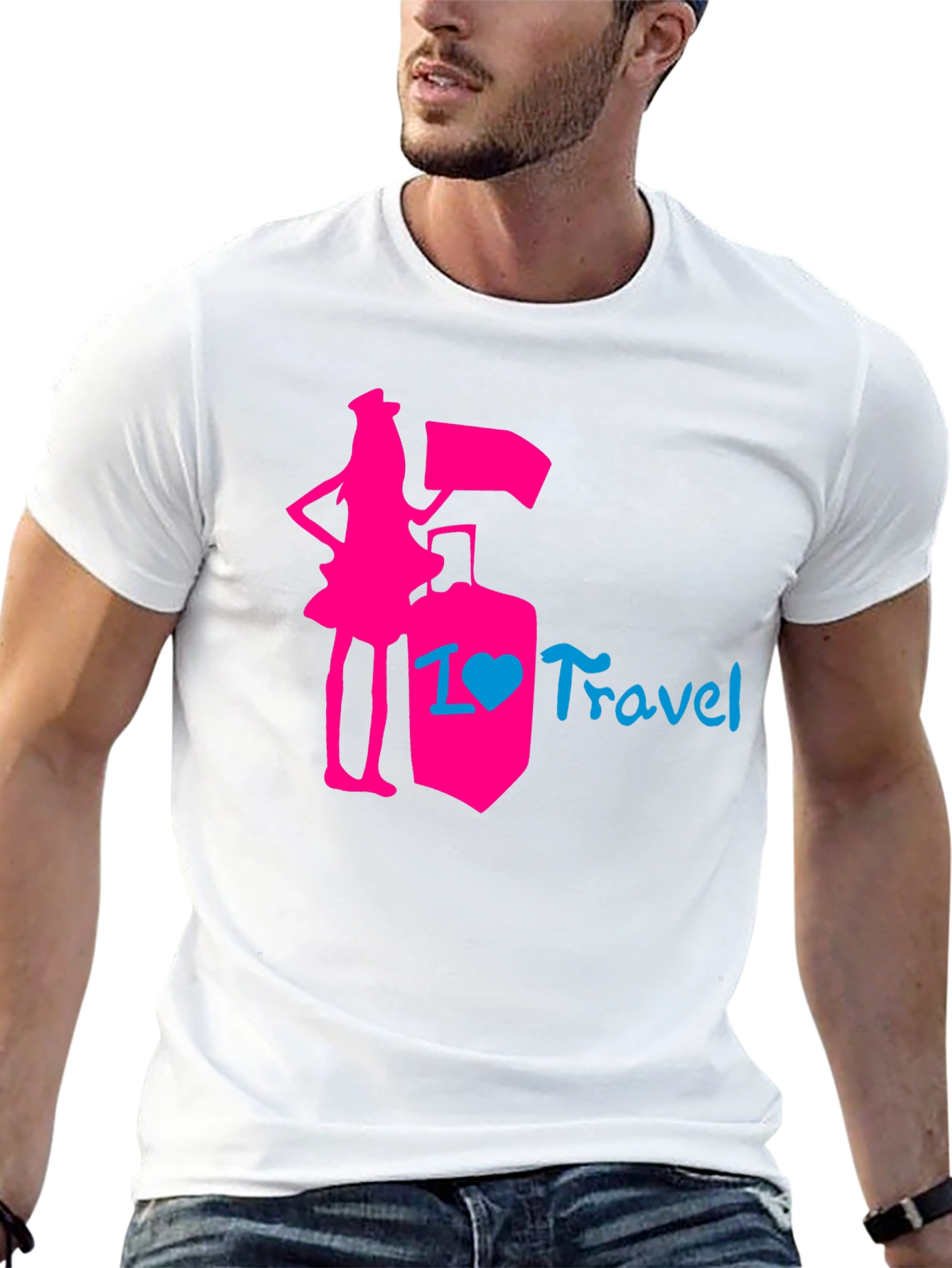 Black I Love Travel T-Shirt: Pink Design, Stylish Top view 13