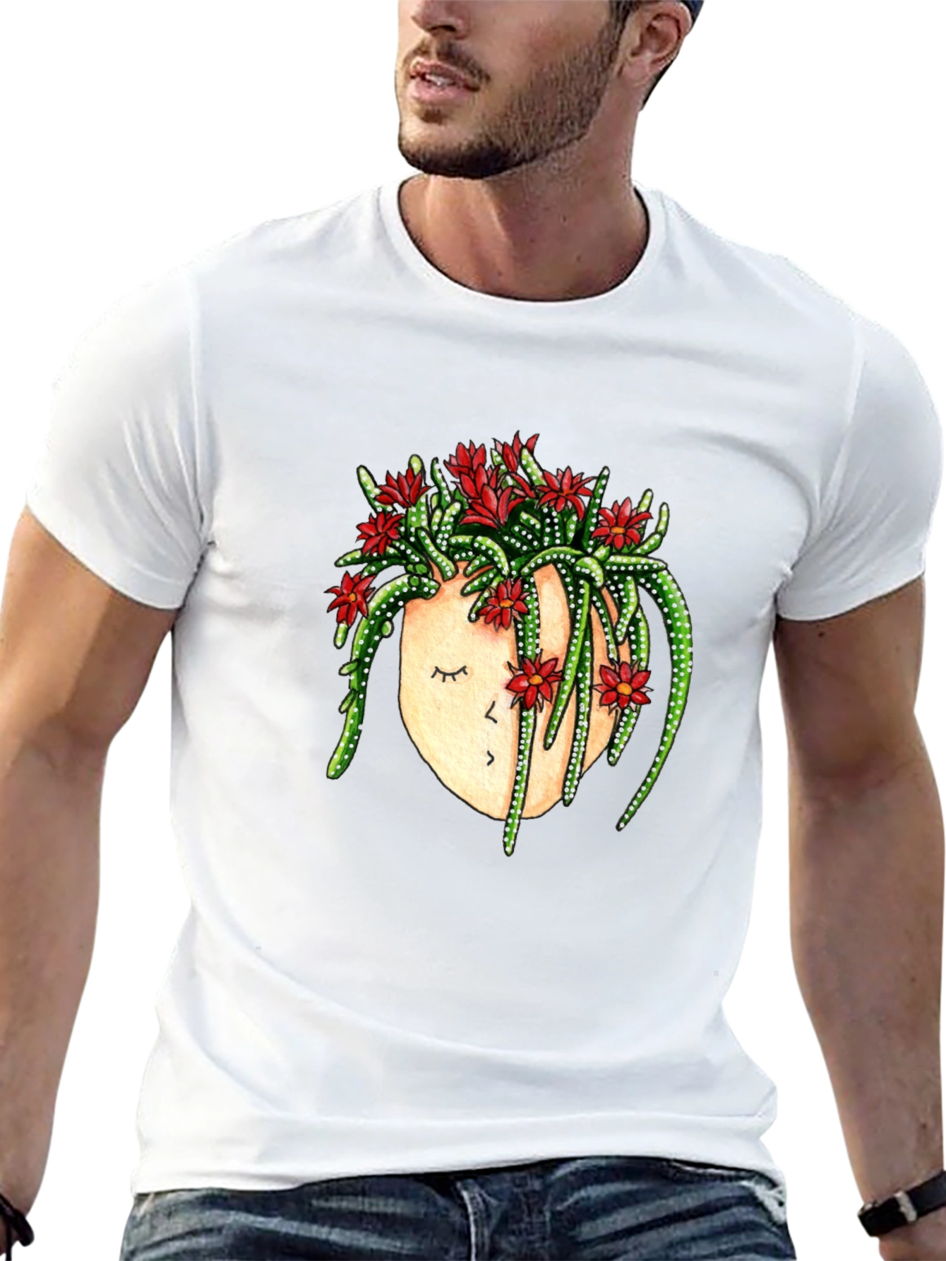 Black Cactus Head Graphic Tee - Unique Floral Design view 13