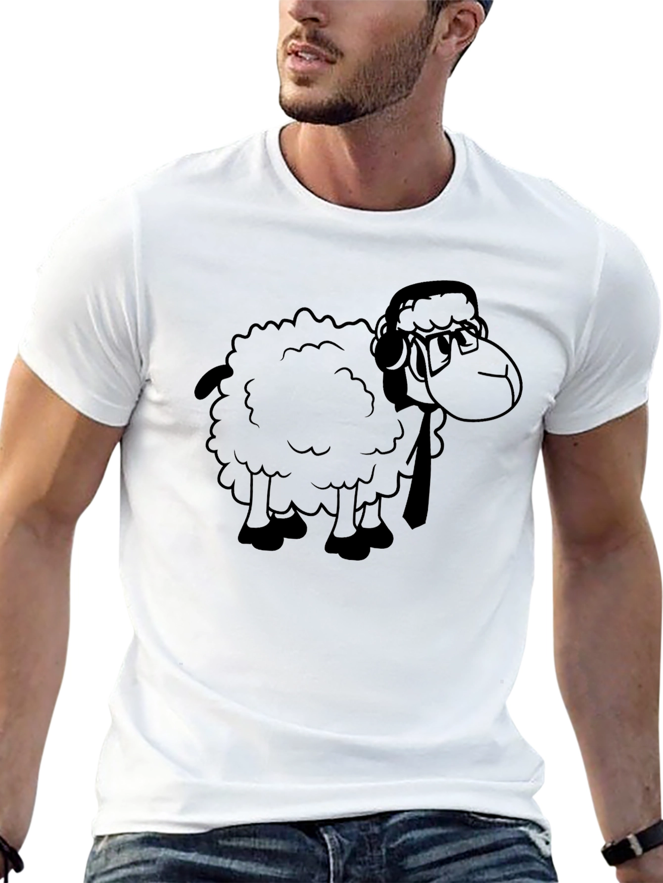 Black Cartoon Sheep Graphic Tee - Black Cotton T-Shirt view 13