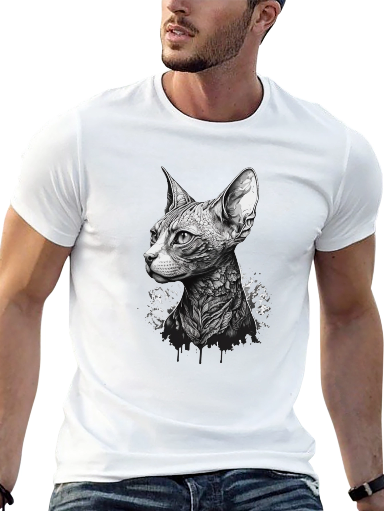 Black Sphynx Cat Tattoo Style Black T-Shirt view 13