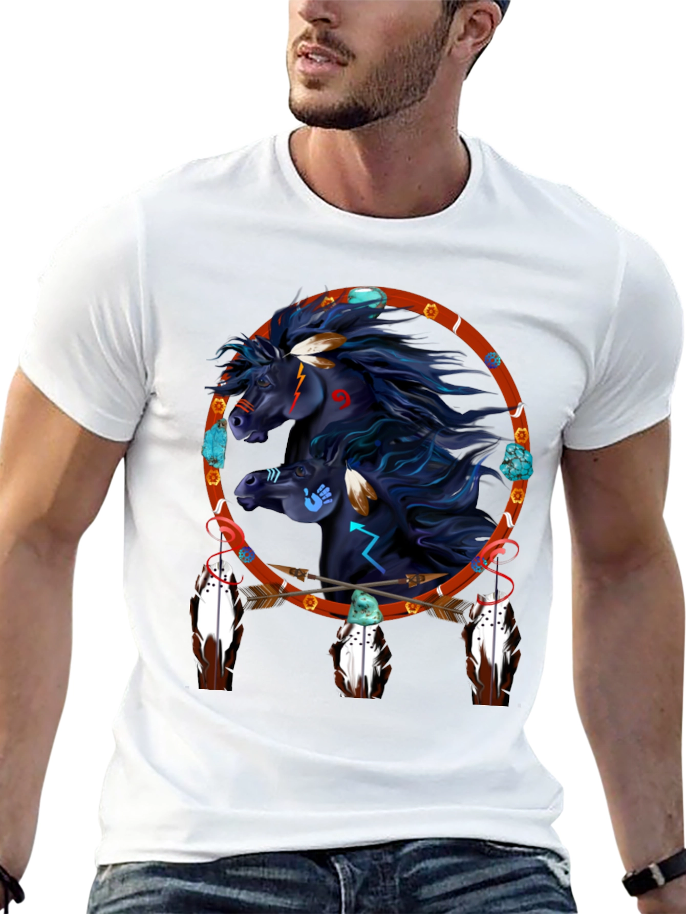Black Native American Horse Dreamcatcher Graphic Tee view 13