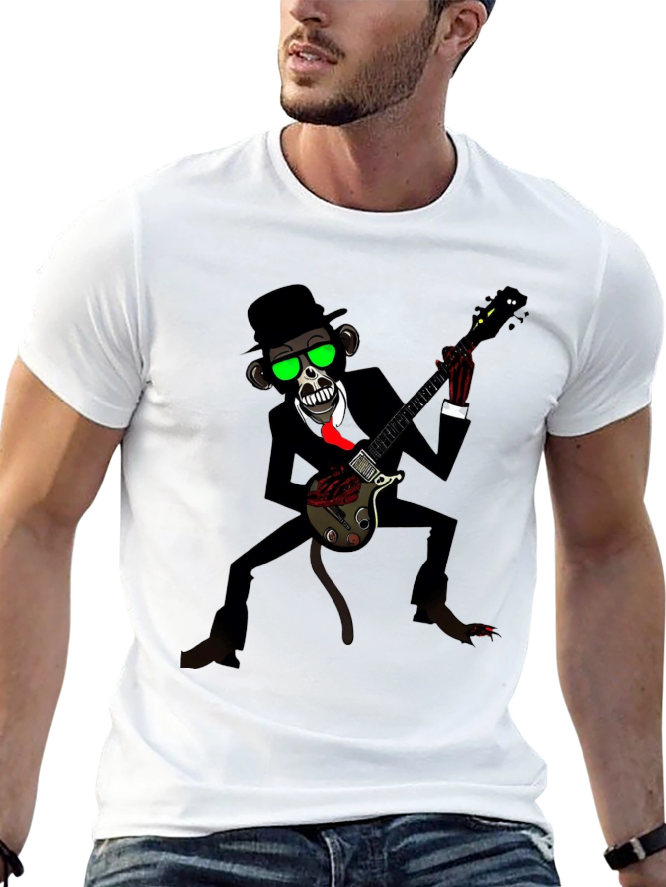 Black Cool Monkey Guitarist Graphic Tee view 13