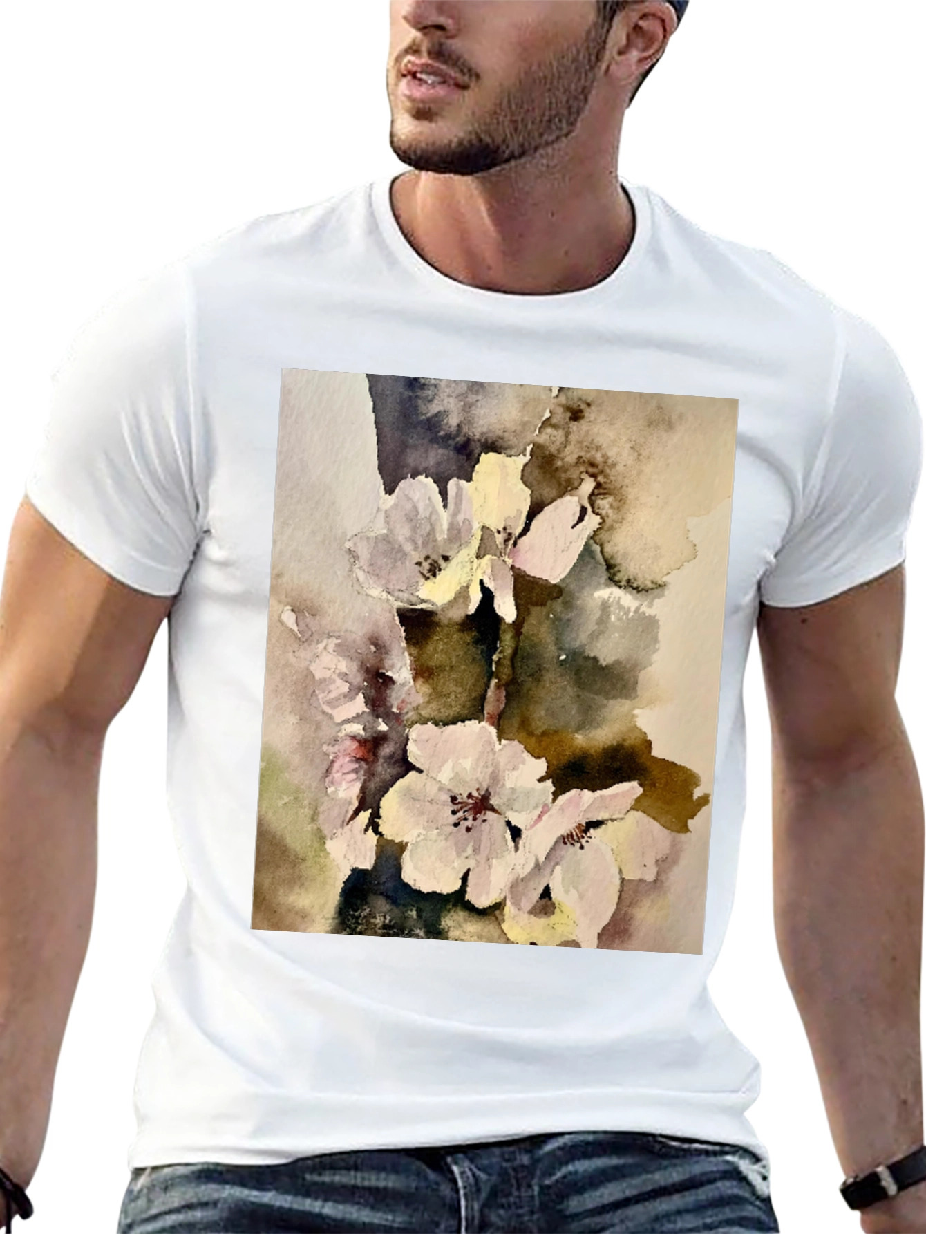 Black Floral Watercolor Print T-Shirt view 13