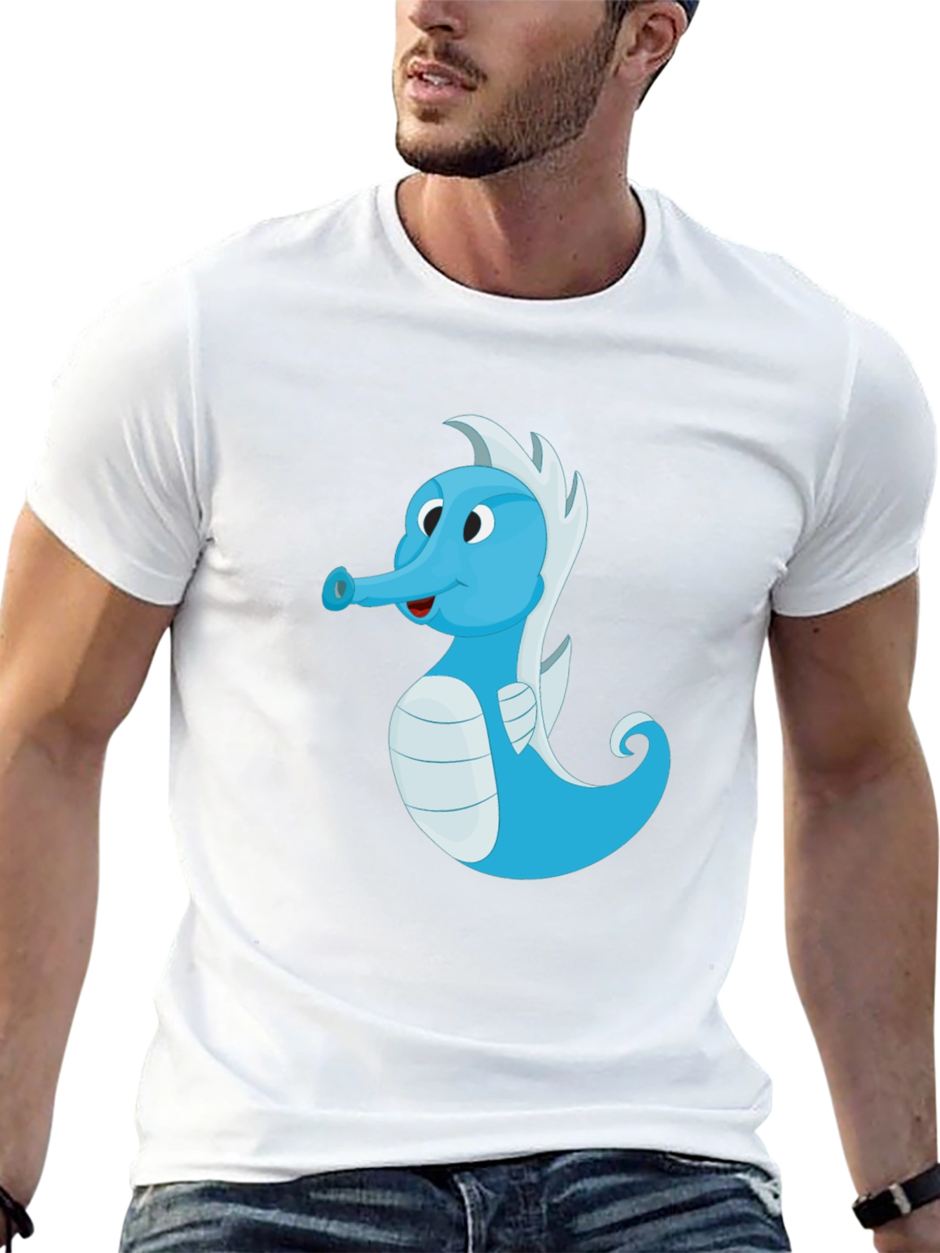Black Cute Blue Seahorse Graphic Tee - Unisex Black T-Shirt view 13