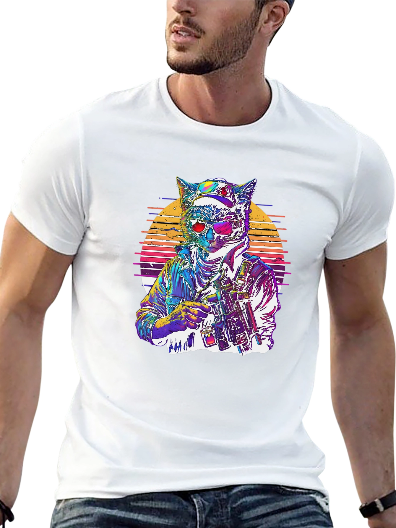 Black Retro Cat Warrior Graphic Tee - Black view 13