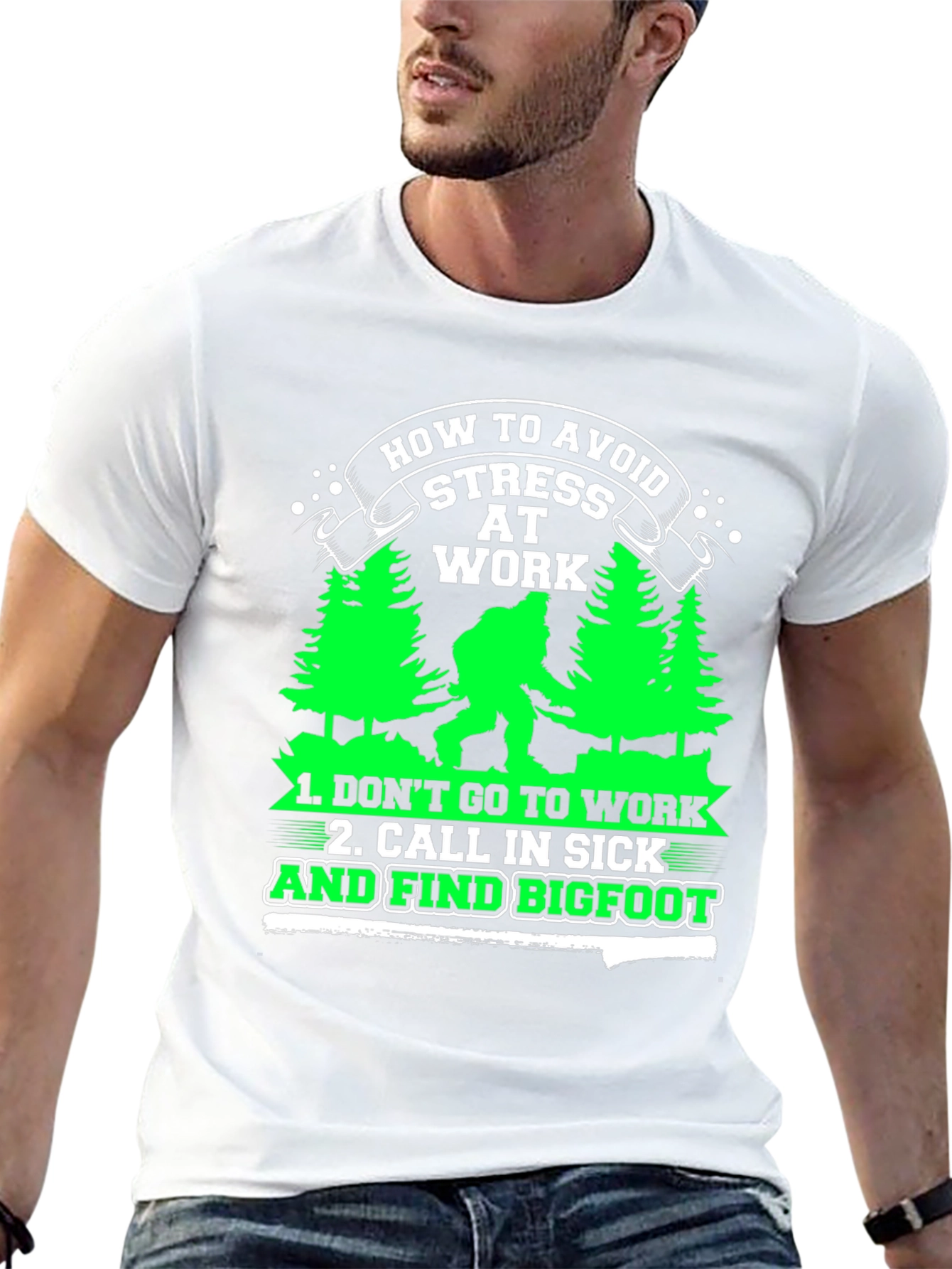 Black Avoid Stress at Work Bigfoot Graphic Tee view 13