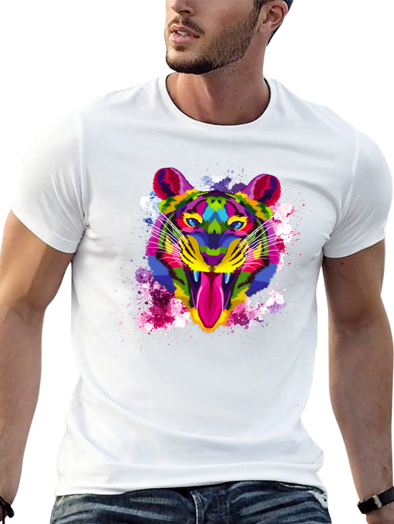 Black Colorful Tiger Graphic Print Men's Black T-Shirt view 13