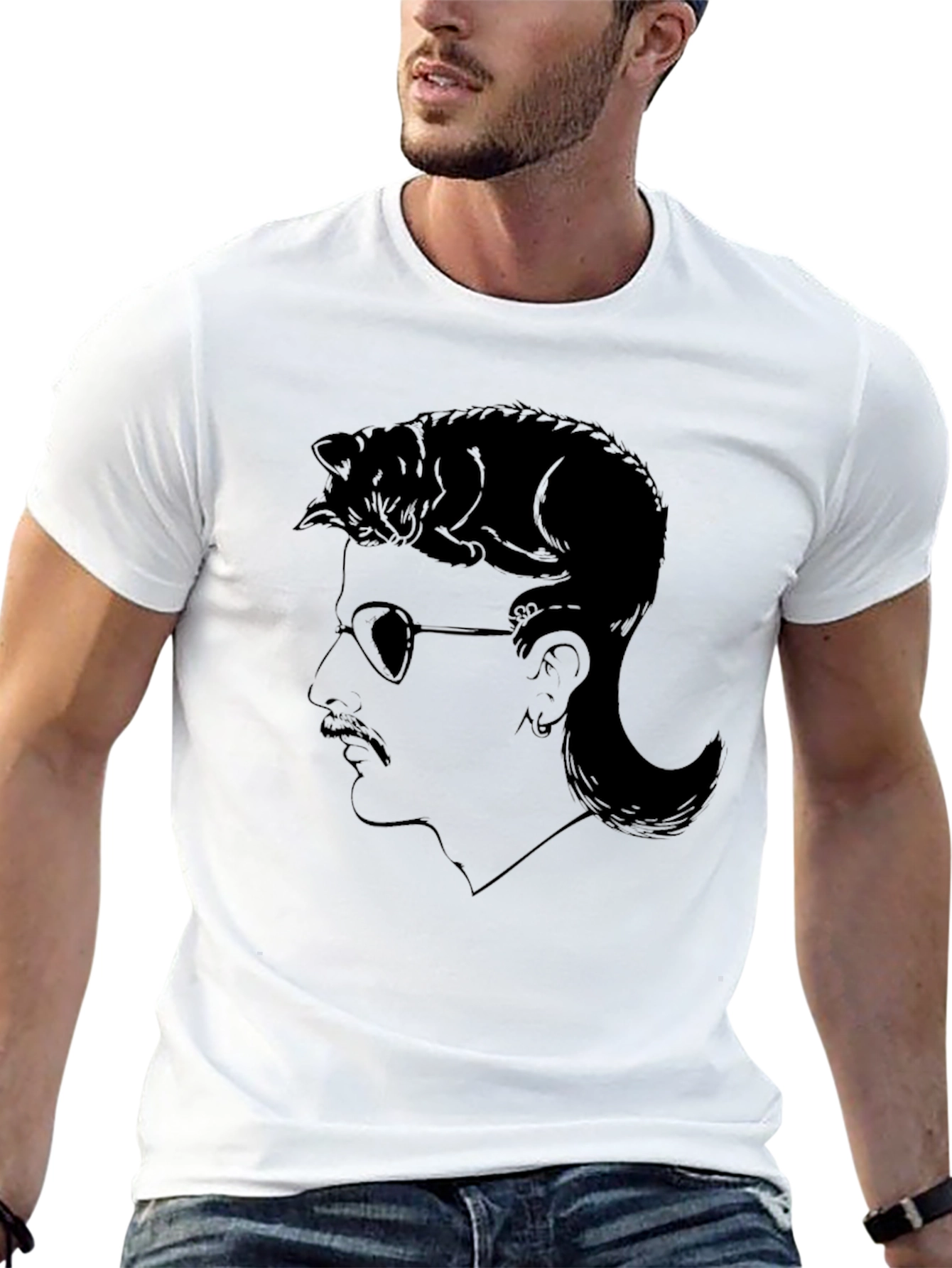 Black Cool Cat Mullet Graphic T-Shirt view 13