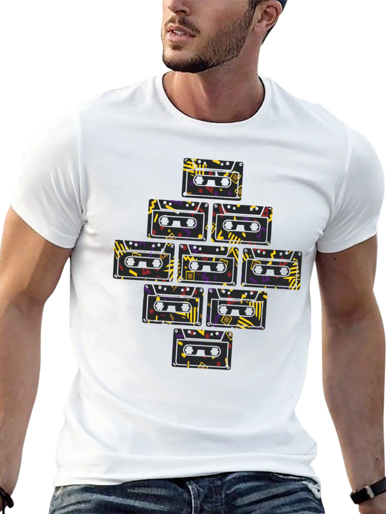 Black Retro Cassette Tape Pattern T-Shirt view 13