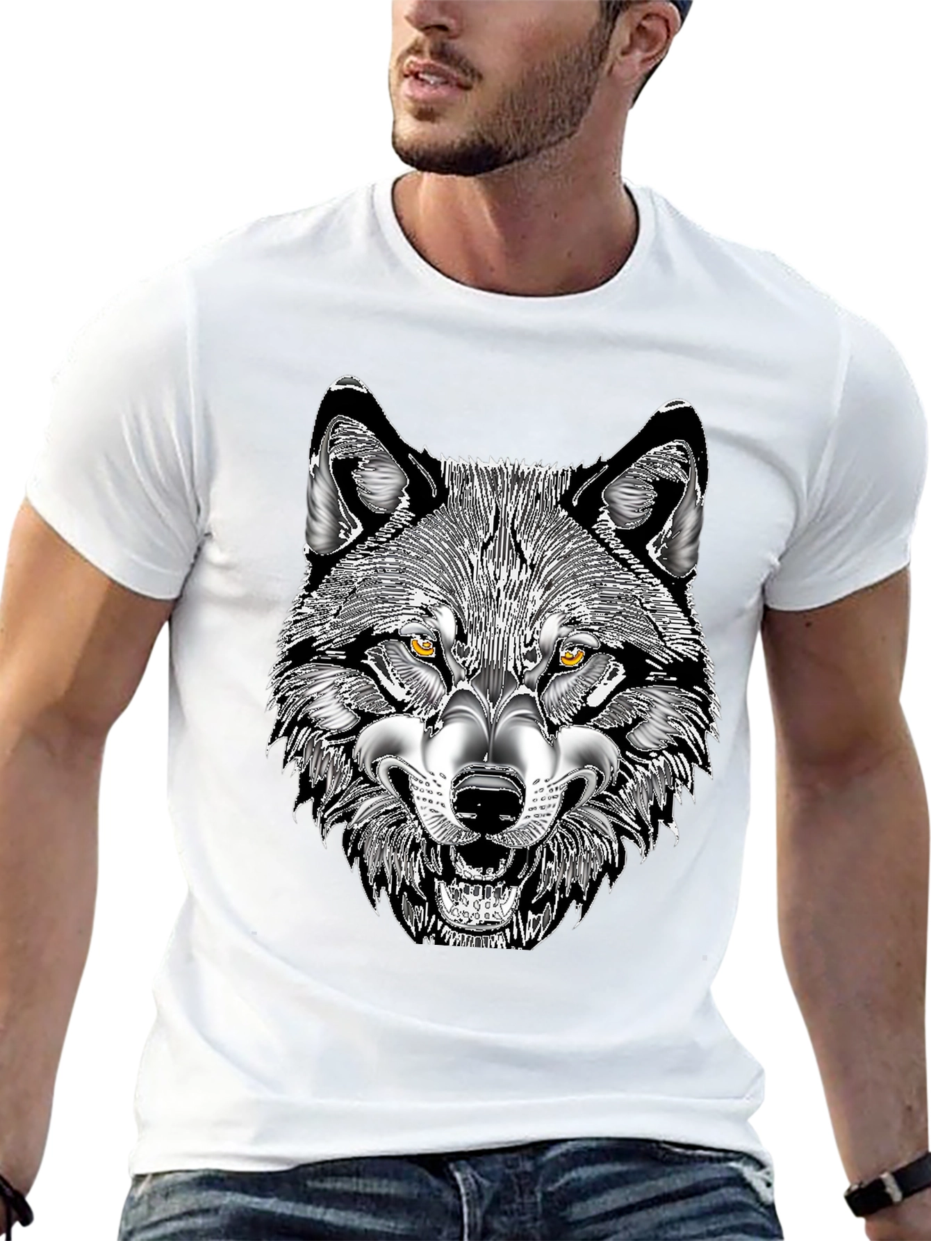 Black Men's Black T-Shirt with Wolf Graphic Print view 13