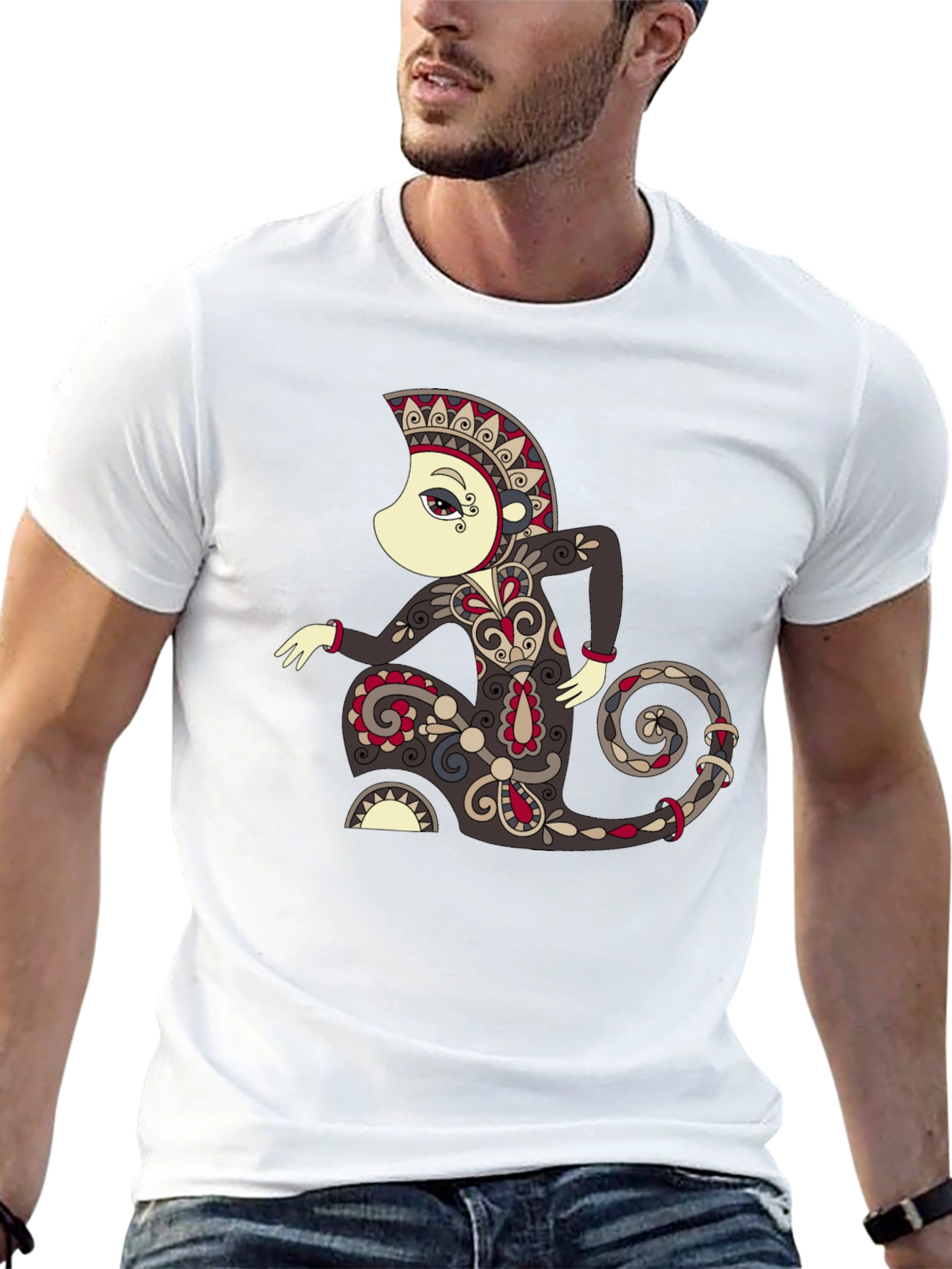 Black Unique Graphic Tee - Ornamental Figure Design view 13