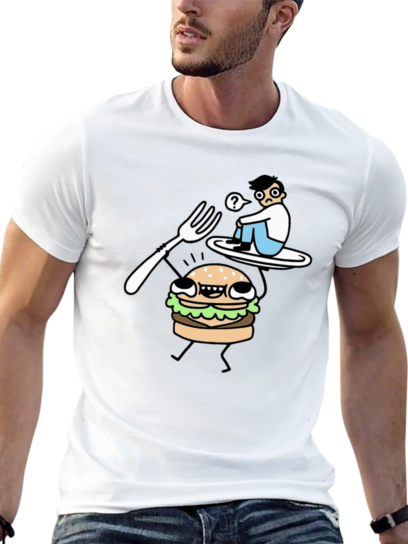Black Funny Cartoon Burger T-Shirt - Black Cotton Tee view 13