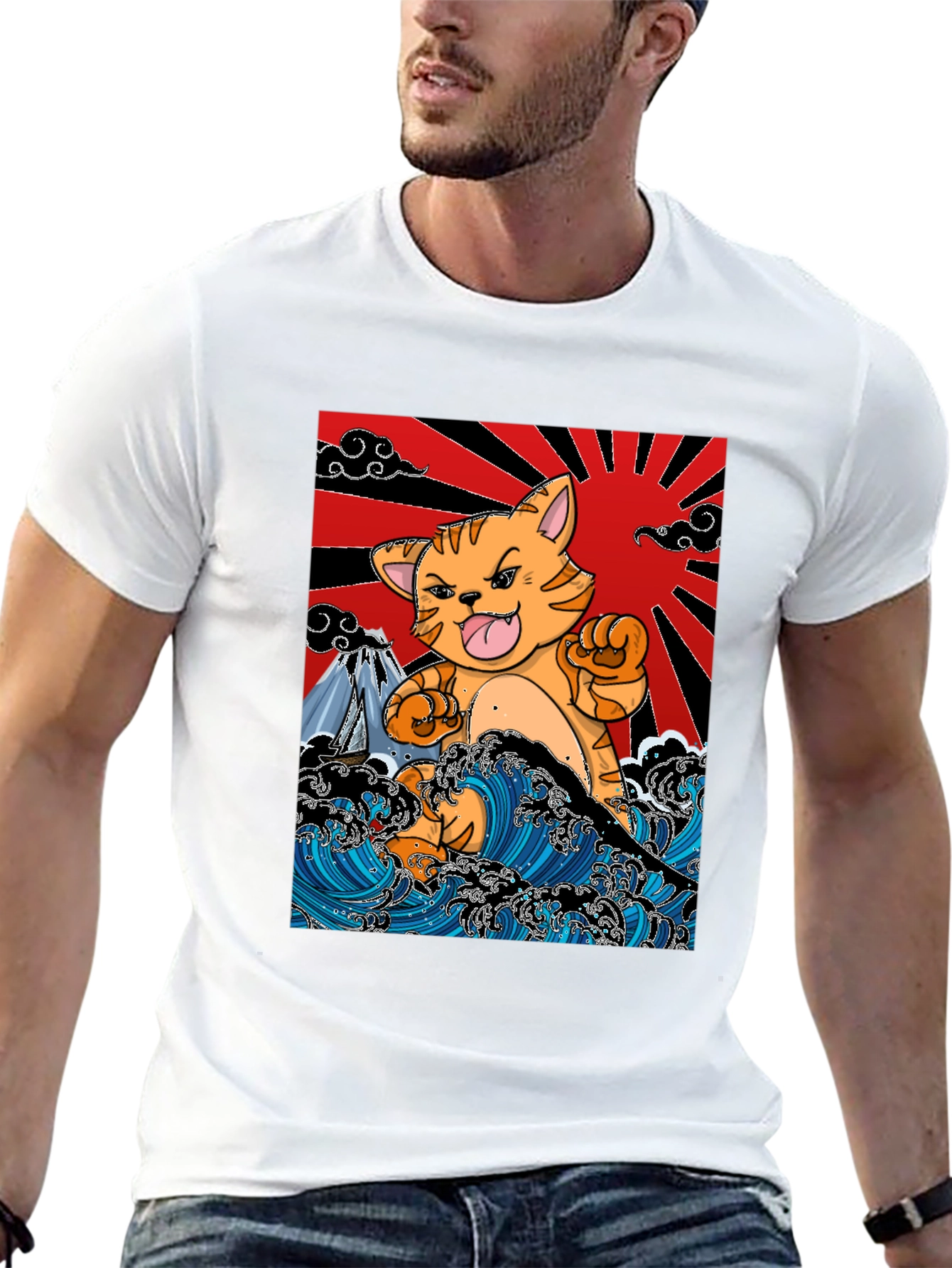 Black Japanese Cat Wave T-Shirt - Fun Graphic Tee view 13