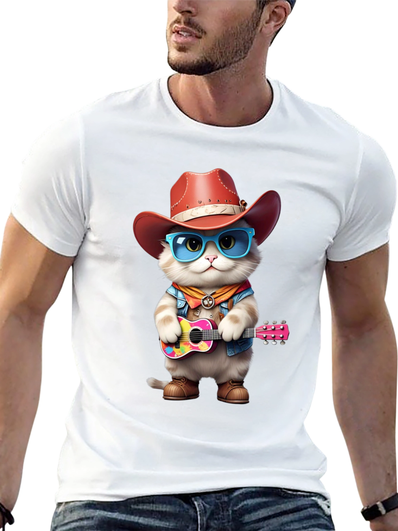 Black Cat Cowboy Guitar T-Shirt view 13