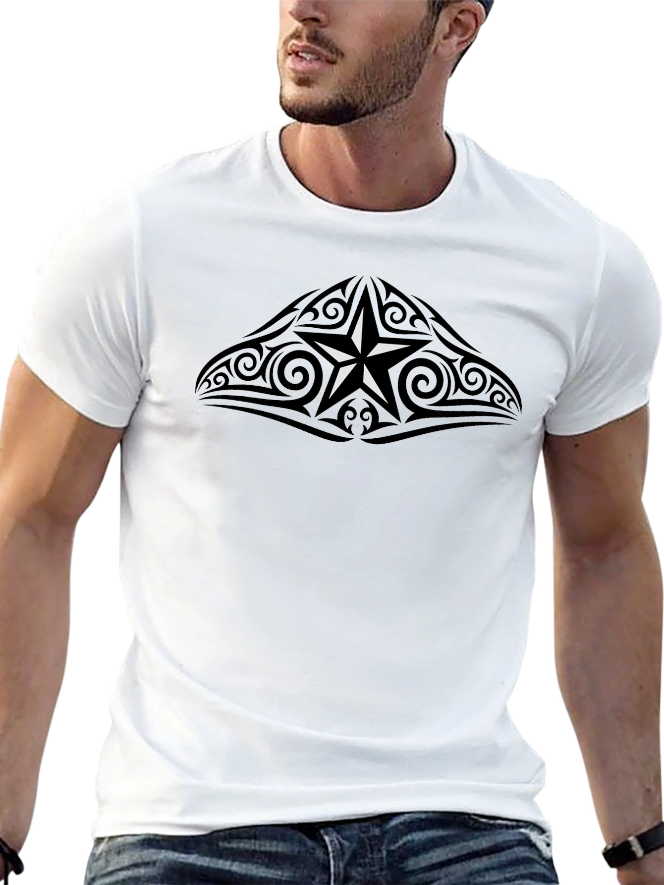 Black Tribal Star Graphic T-Shirt - Mens Crew Neck view 13