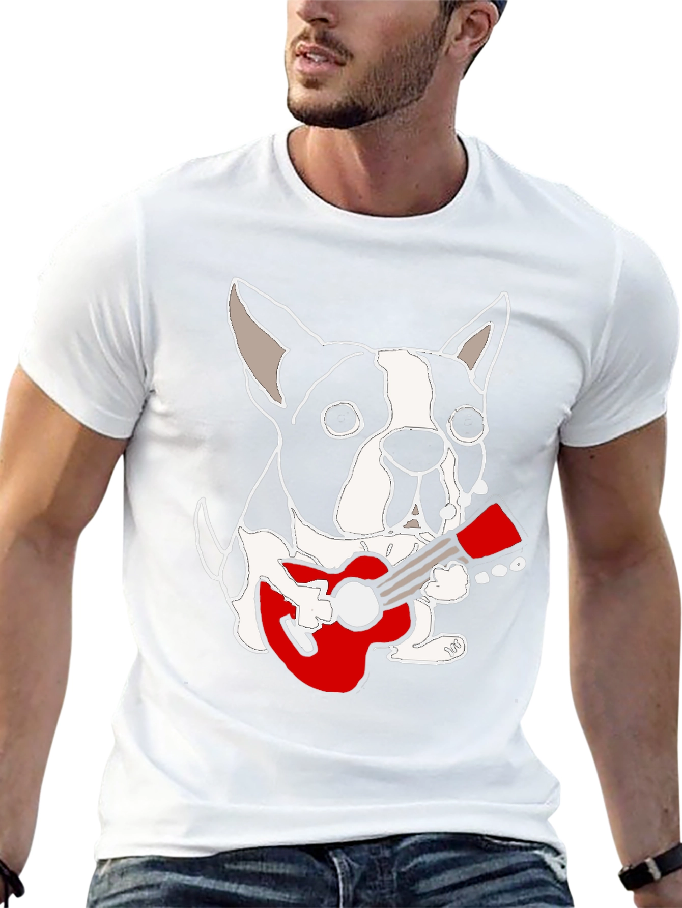 Black Dog Playing Guitar Graphic Tee - Black Cotton Casual T-Shirt view 13