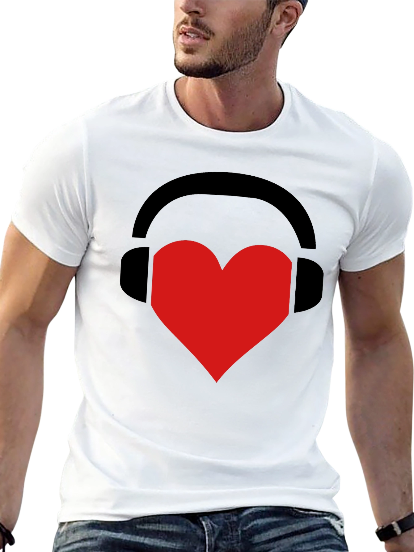 Black Music Lover Tee: Heart Headphones Graphic T-Shirt view 13