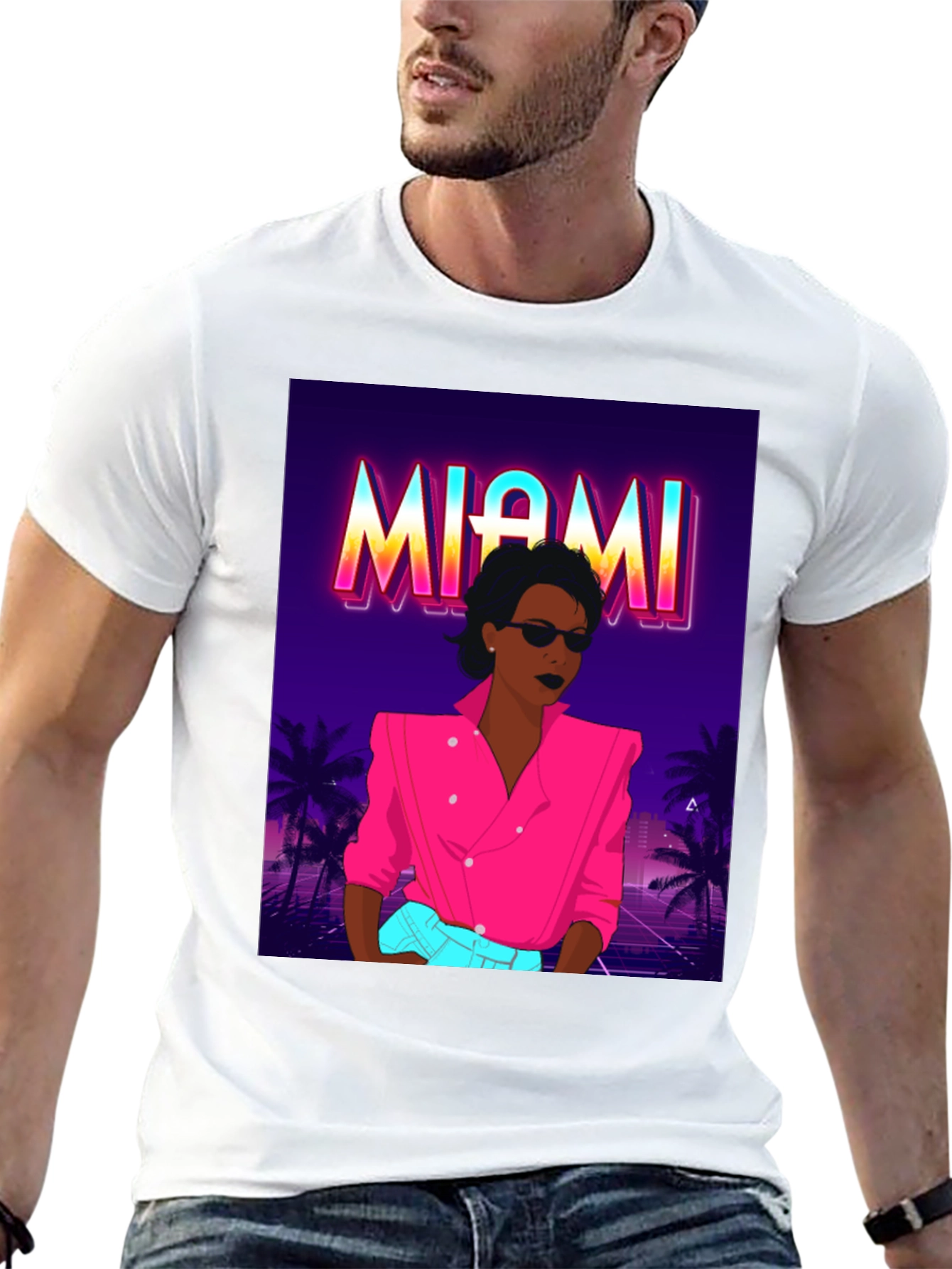Black Miami Vice Style Graphic T-Shirt - Retro Design view 13