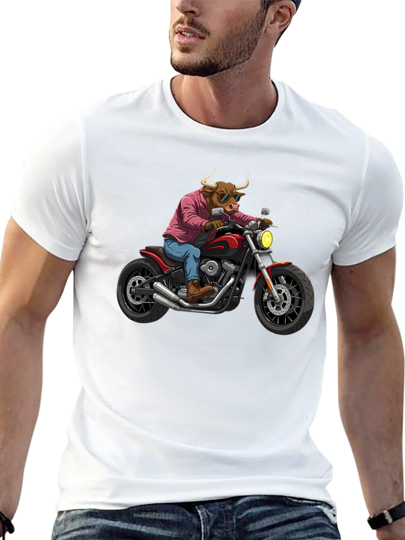 Black Cool Bull on Motorcycle T-Shirt - Black Cotton Graphic Tee view 13