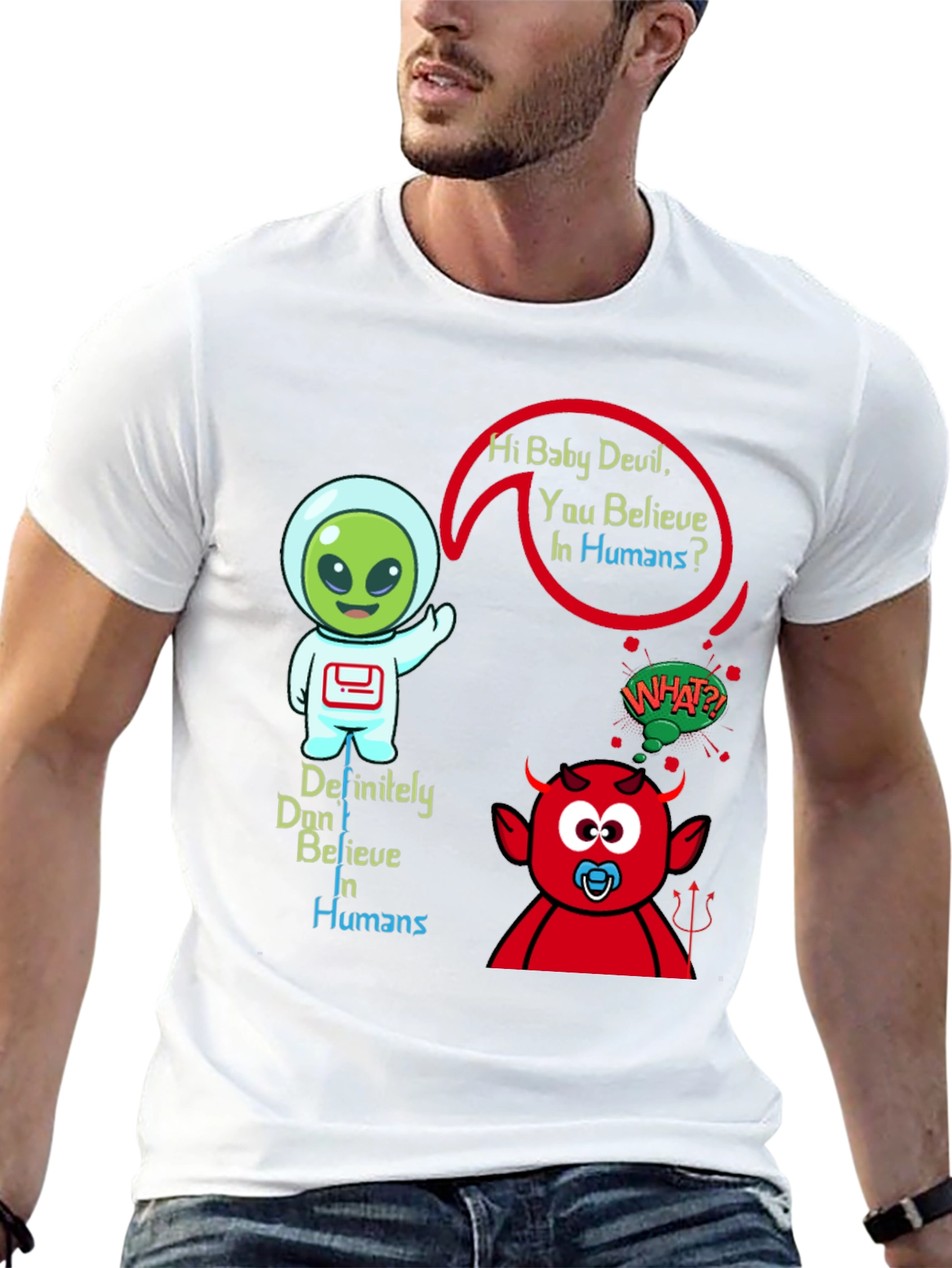 Black Alien & Baby Devil Graphic T-Shirt - Believe in Humans? view 13