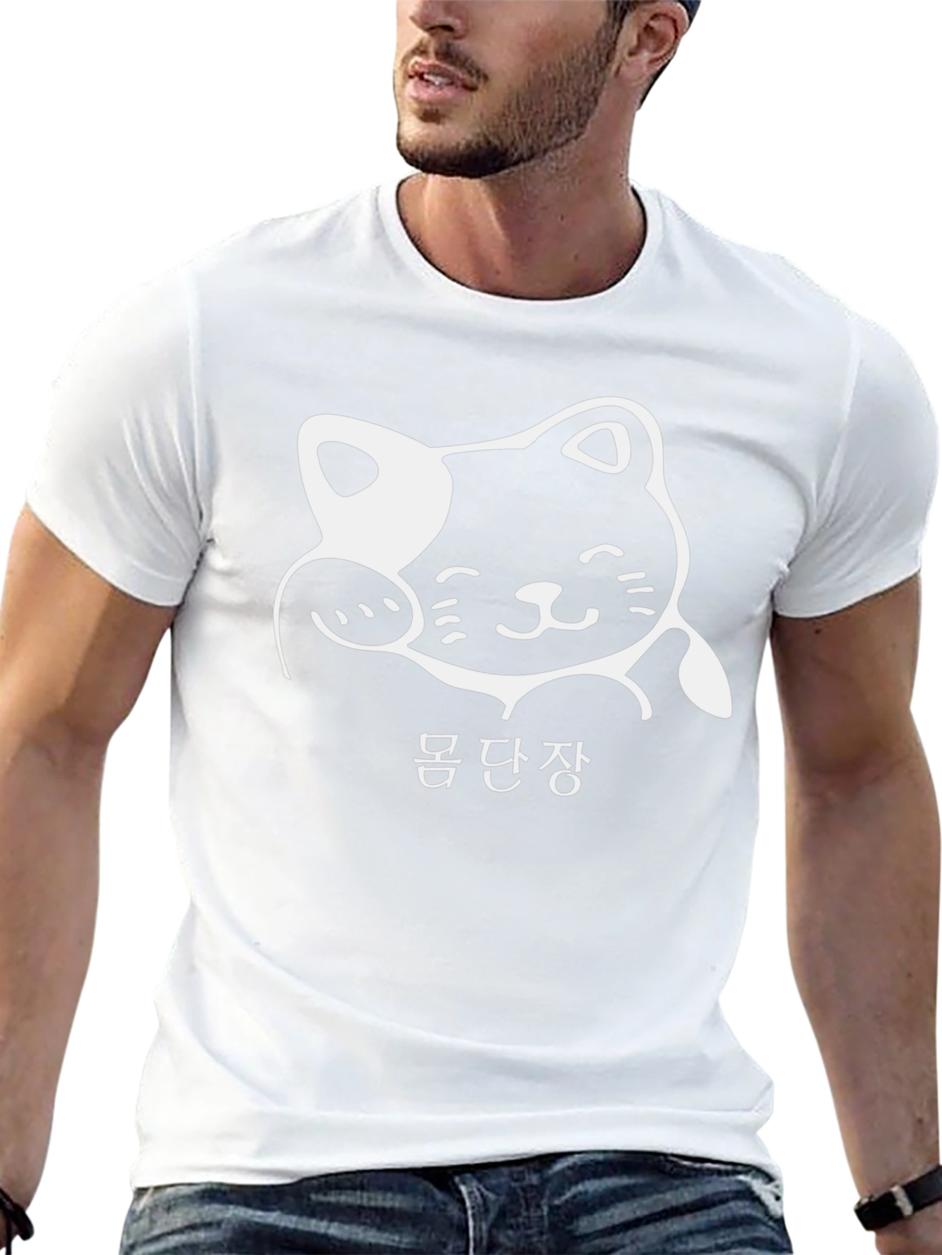 Black Black T-Shirt with Cat Graphic and Korean Text view 13