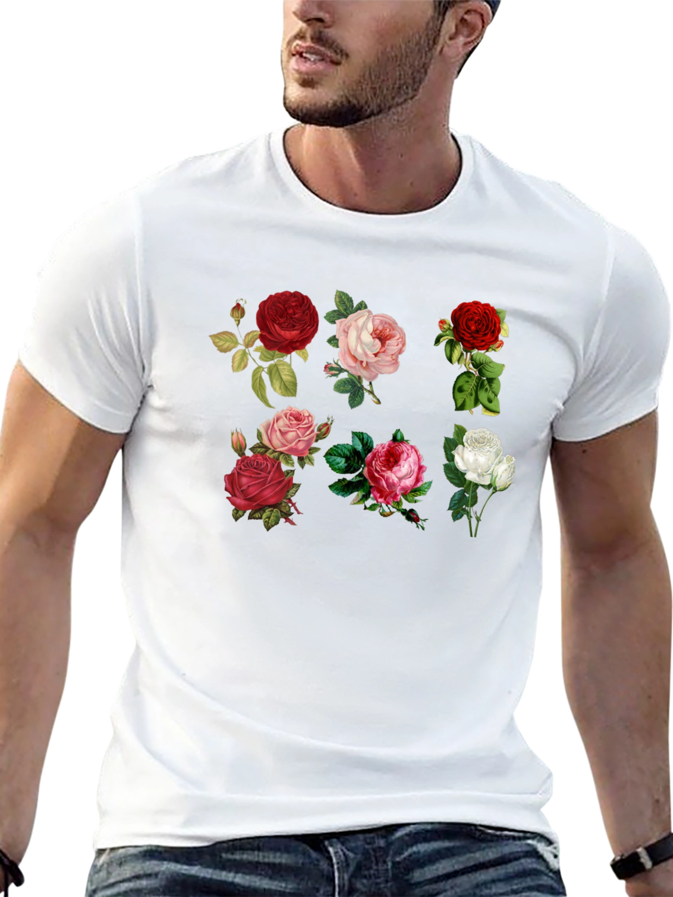 Black Floral Roses Print Black T-Shirt view 13