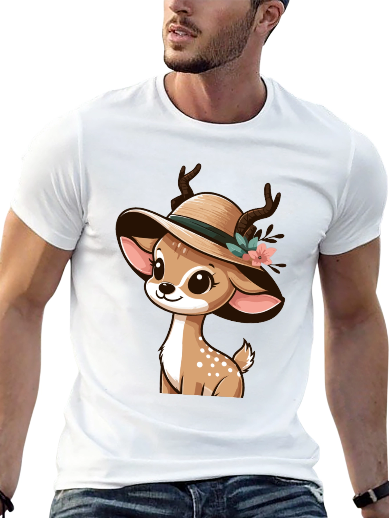Black Cute Deer in Hat Graphic T-Shirt view 13