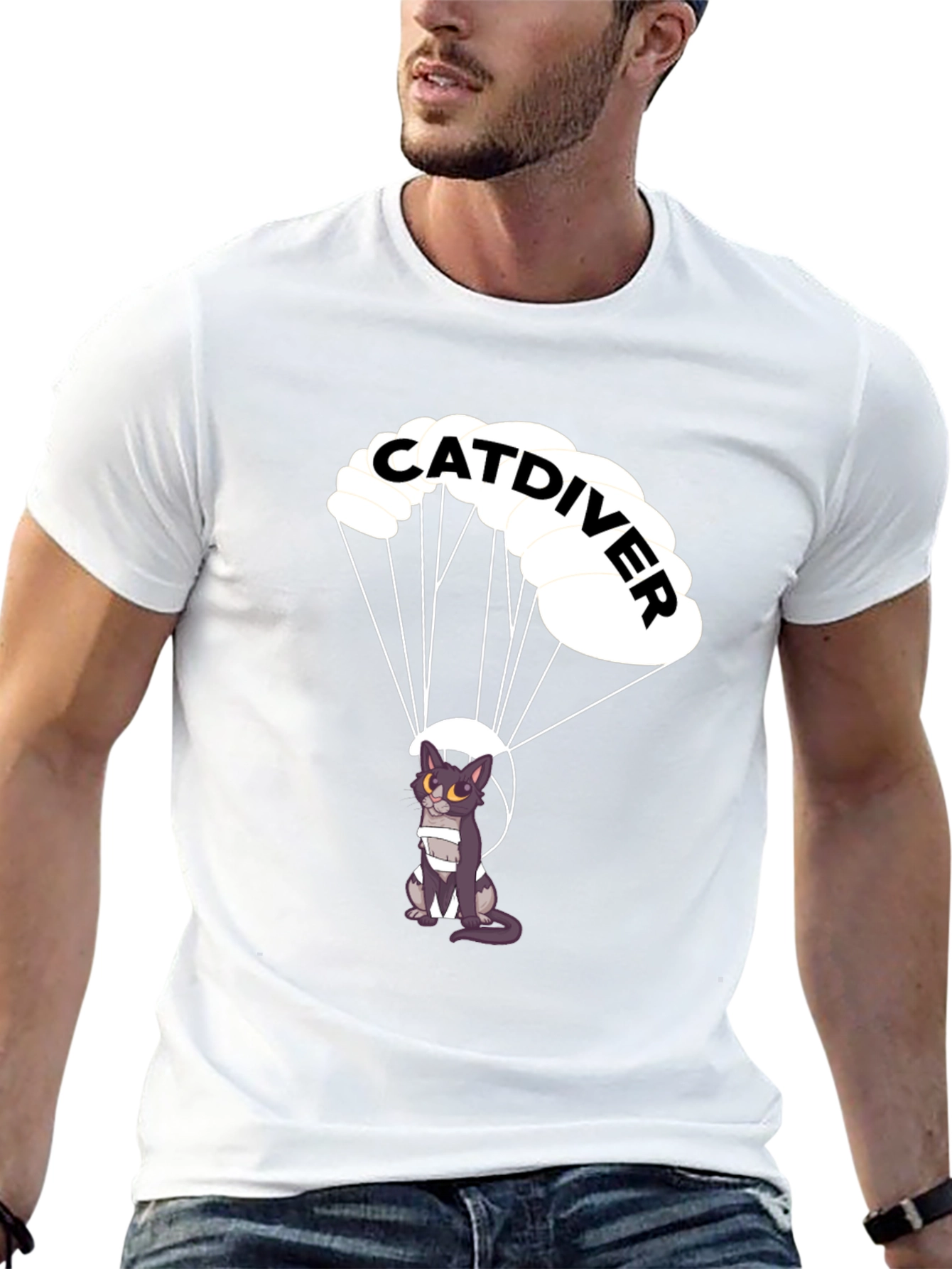 Black Catdiver T-Shirt - Parachuting Cat Graphic Tee view 13