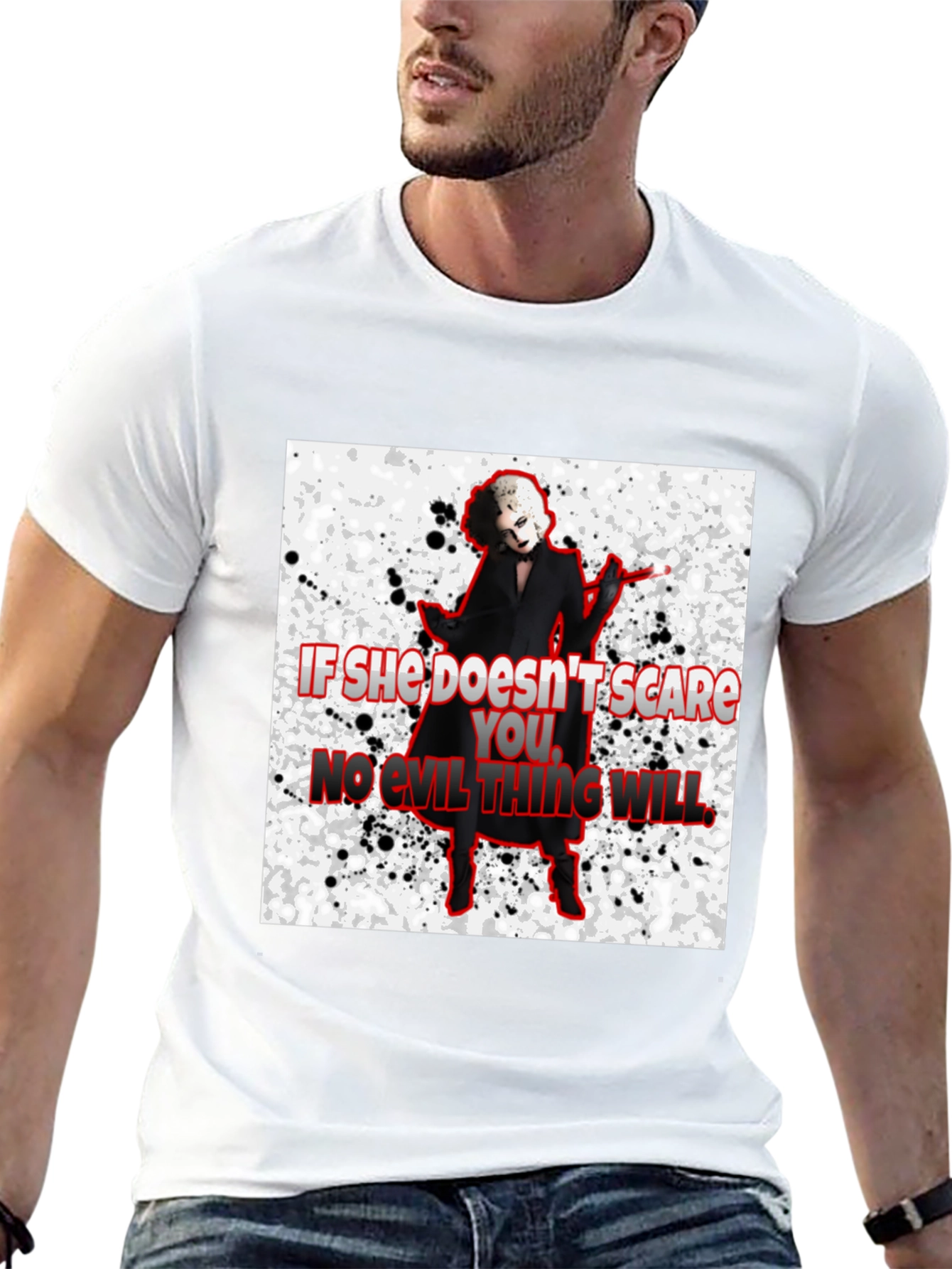 Black Horror Movie Villain T-Shirt - "If She Doesn't Scare You..." view 13