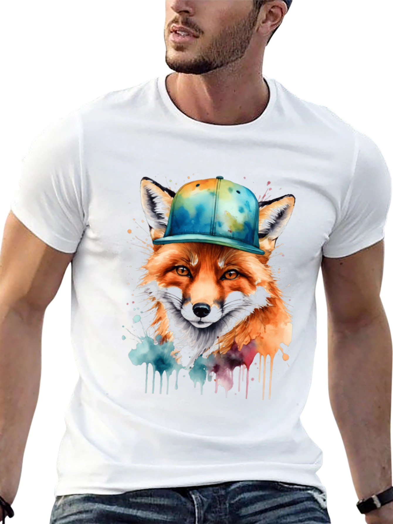 Black Fox in Cap Graphic Tee - Cool Watercolor Design view 13