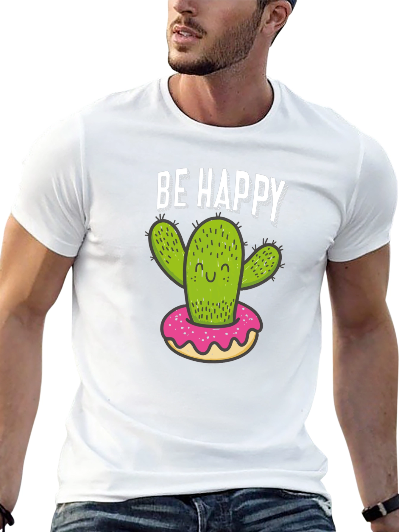 Black Be Happy Cactus Donut Graphic T-Shirt view 13