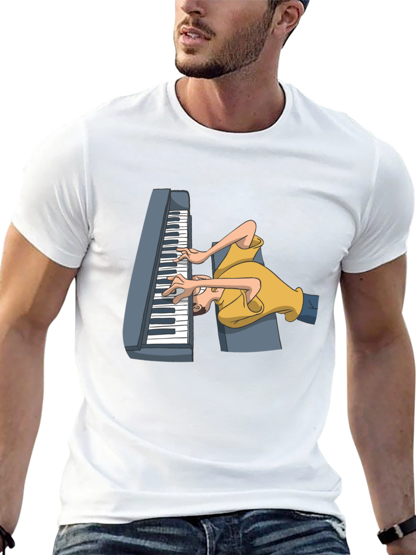 Black Funny Cartoon Piano Player Black T-Shirt view 13
