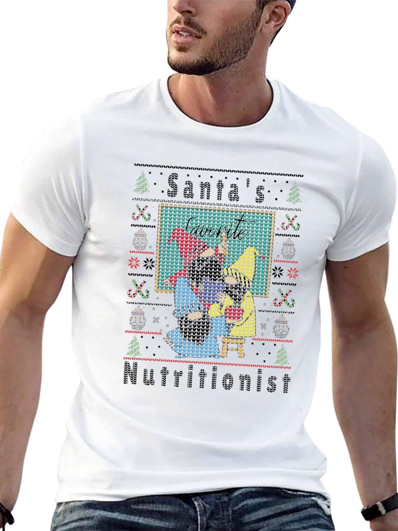 Black Santa's Nutritionist Ugly Christmas Sweater T-Shirt view 13