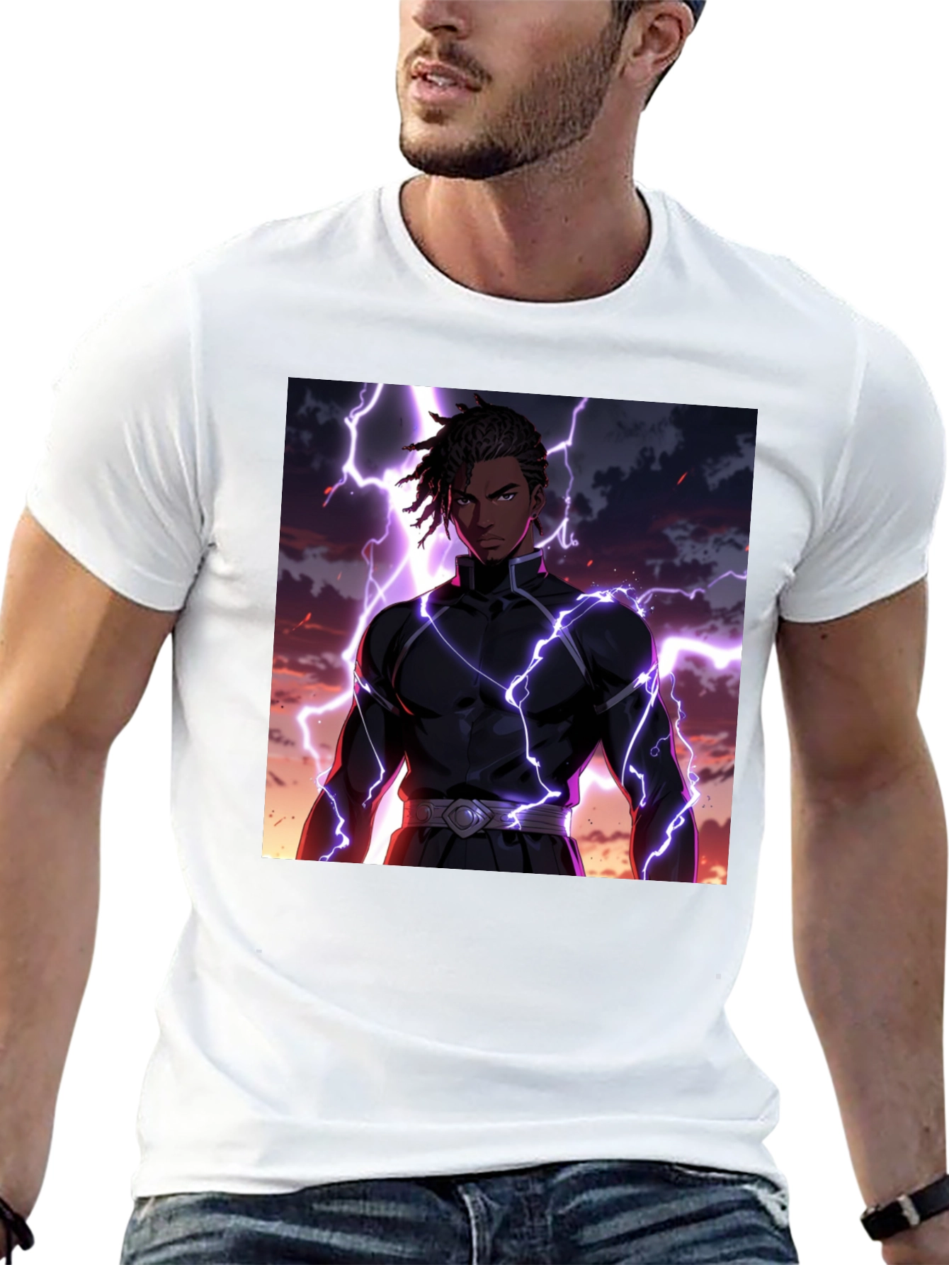 Black Anime Lightning Bolt Graphic Tee - Black Cotton Blend view 13
