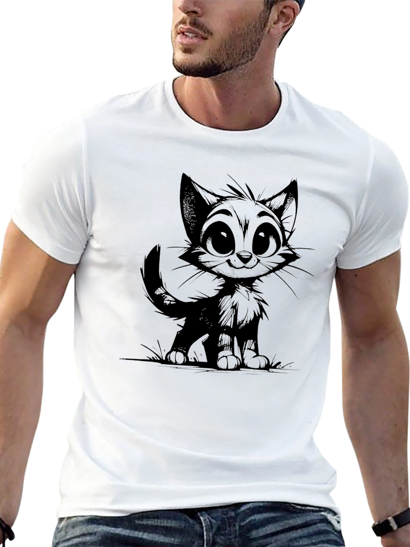 Black Cartoon Cat Graphic Tee - Men's Black T-Shirt view 13