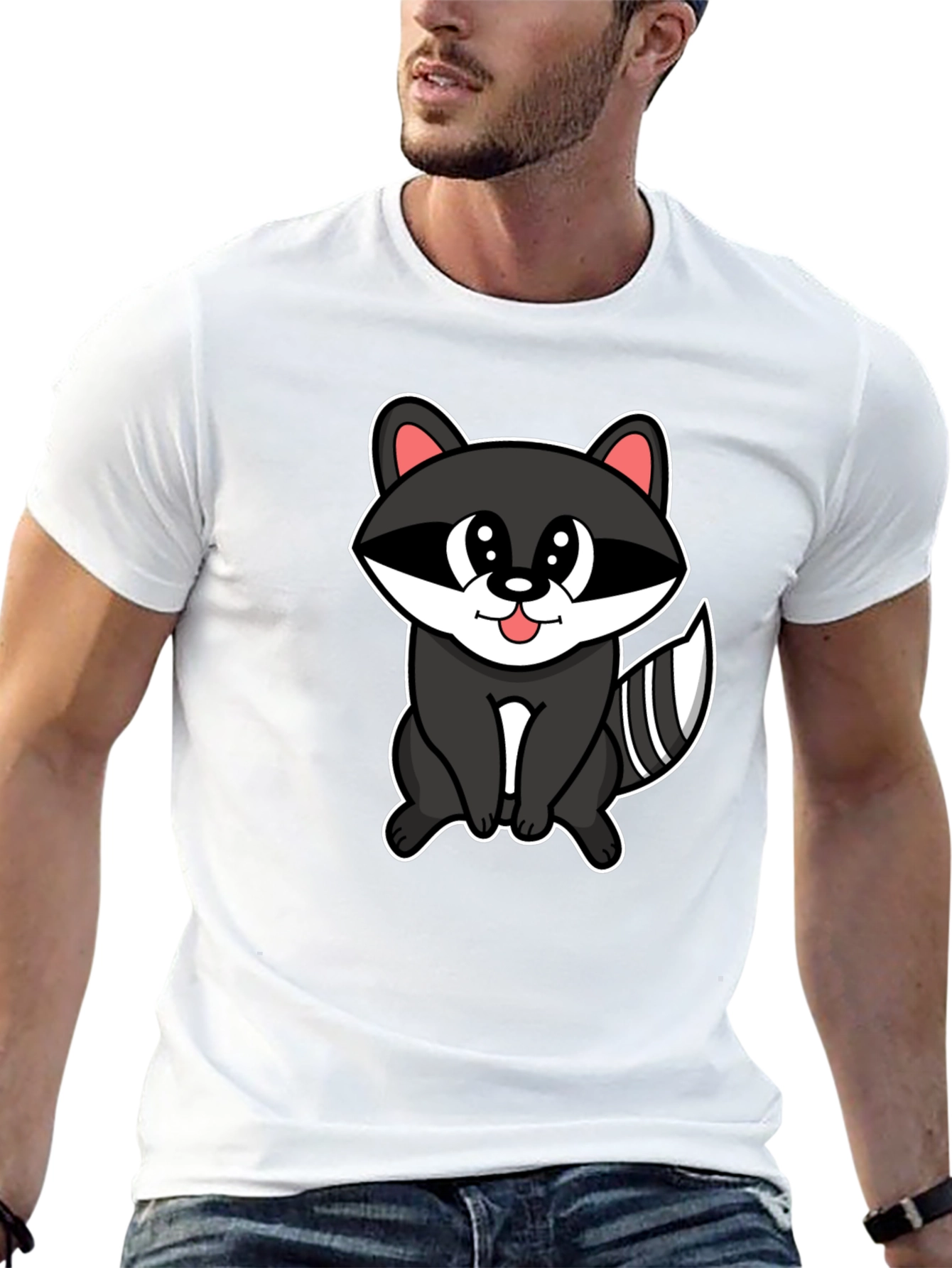 Black Cute Raccoon Cartoon Black T-Shirt view 13