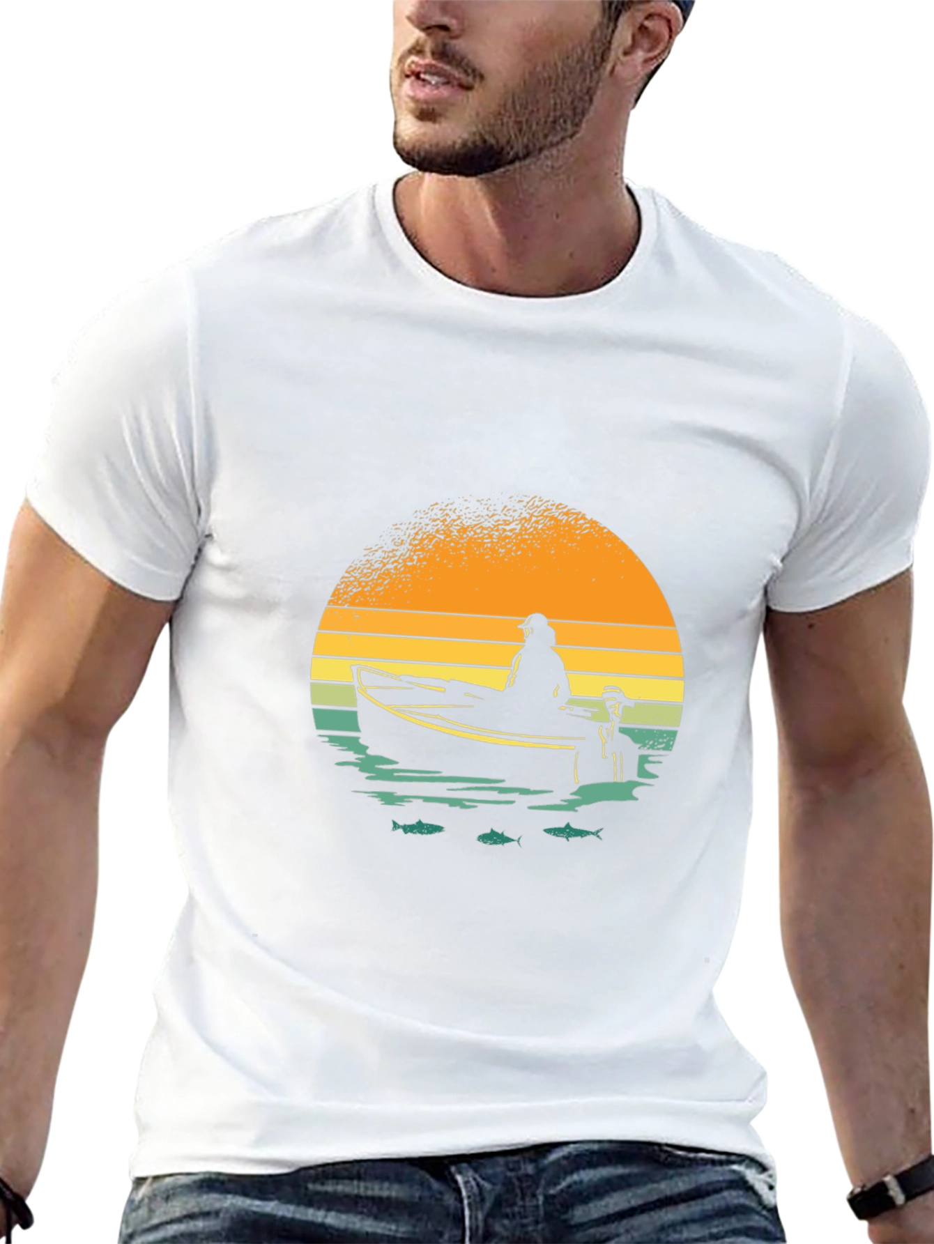 Black Fishing Boat Graphic Tee - Retro Sunset Design view 13