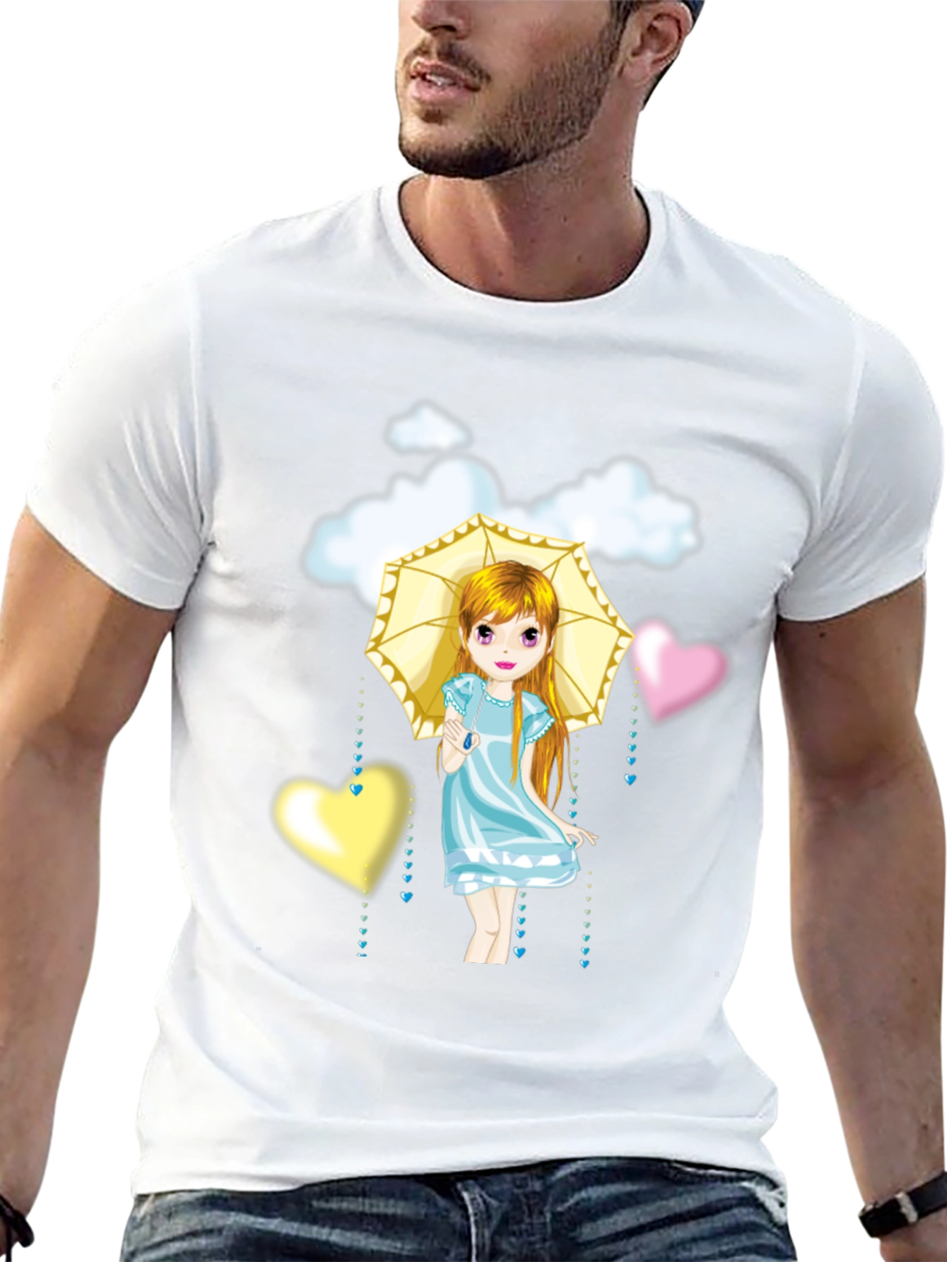 Black Cute Girl Umbrella Heart Cloud Black T-Shirt view 13