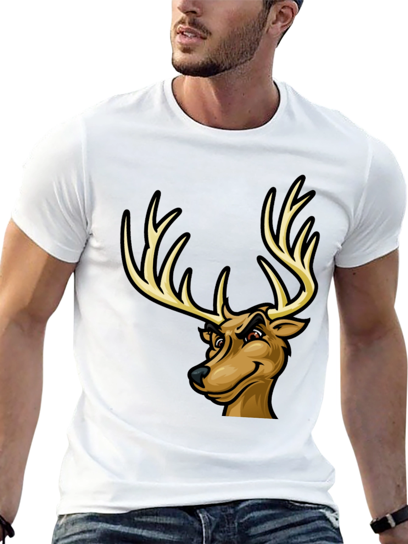 Black Men's Black T-Shirt with Cartoon Deer Graphic view 13