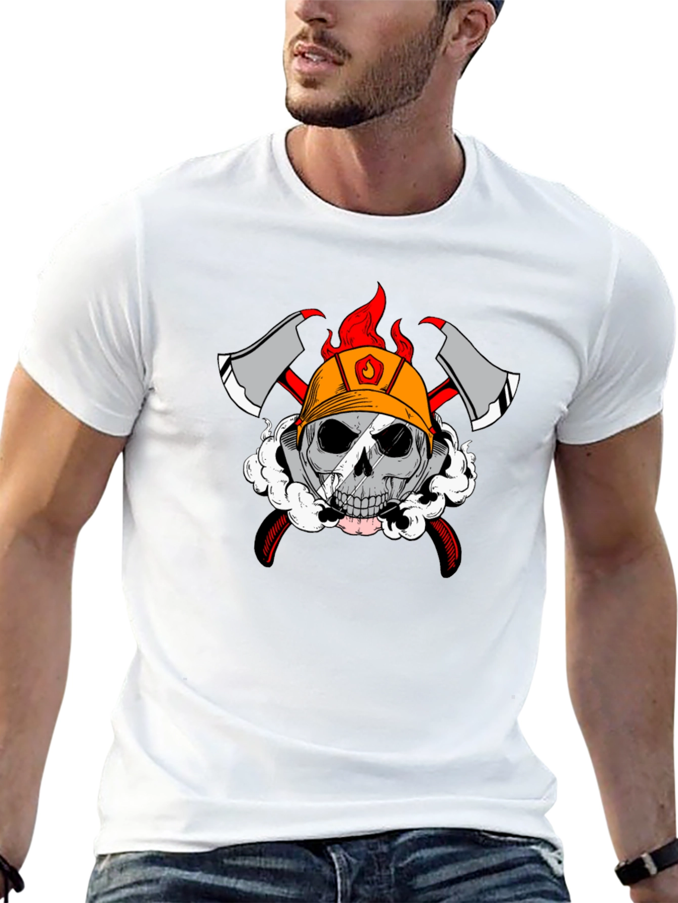 Black Firefighter Skull Graphic T-Shirt view 13