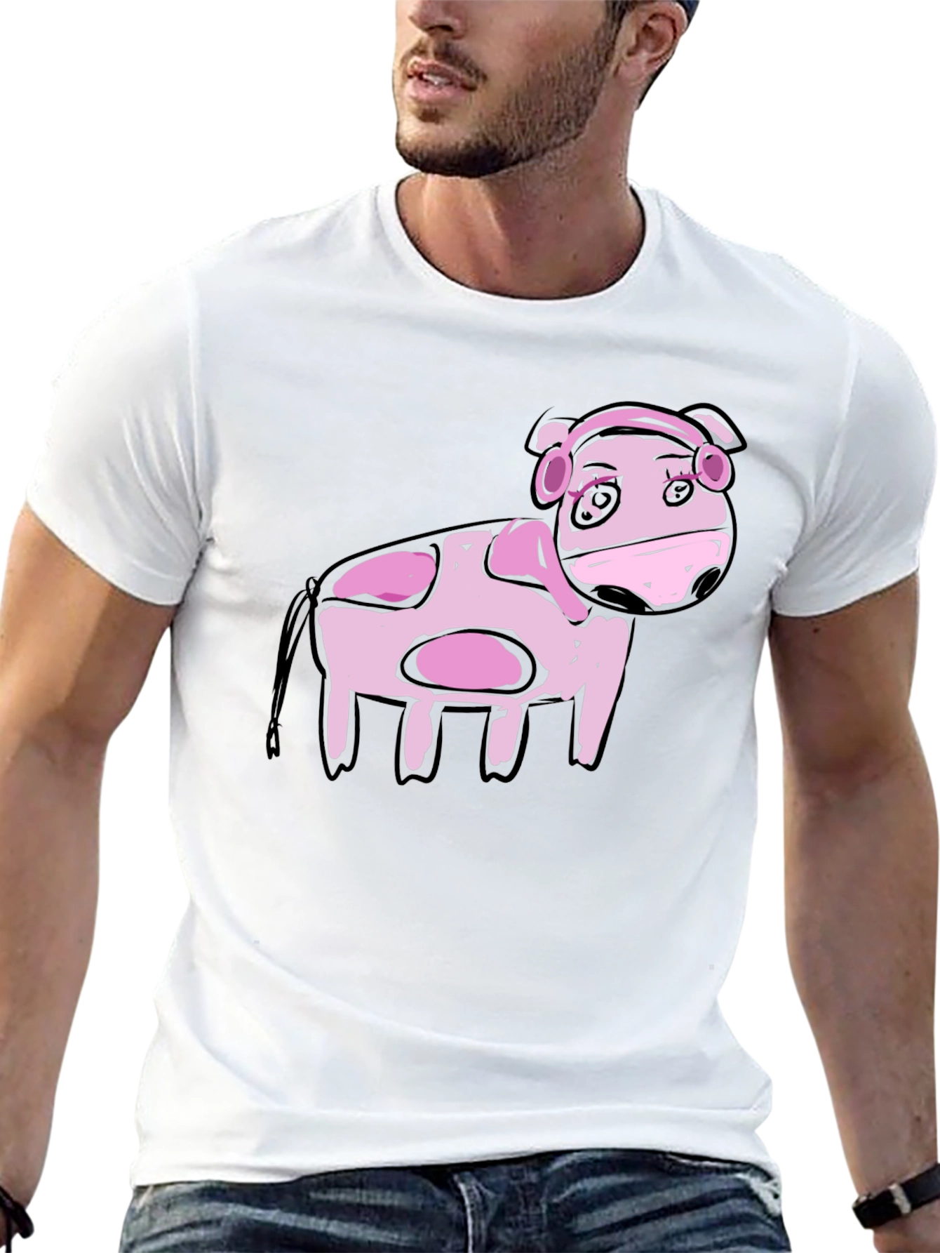 Black Cartoon Pink Cow Black T-Shirt view 13