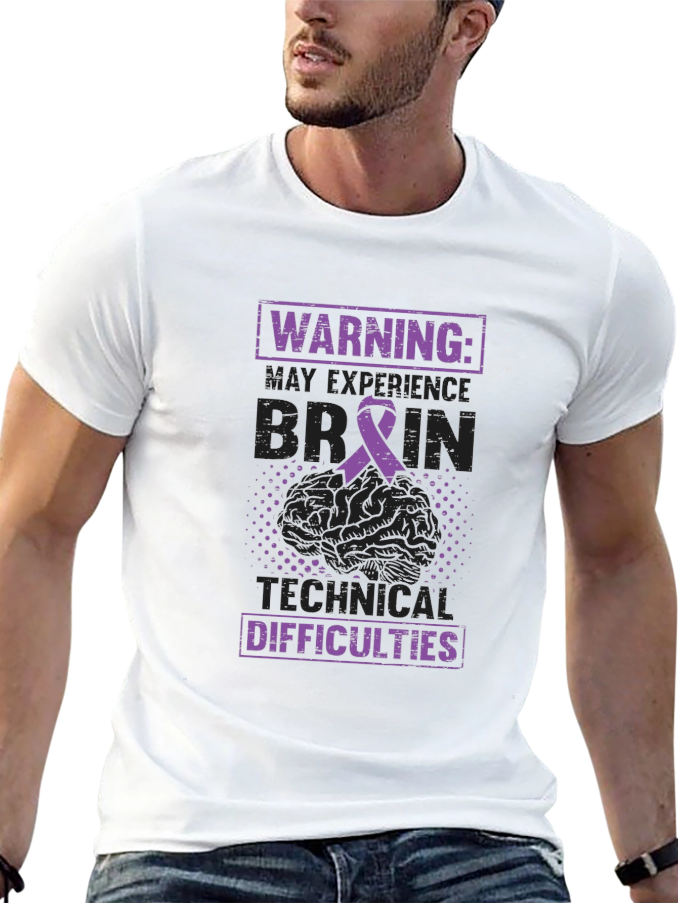 Black Warning Brain Technical Difficulties Awareness Tee view 13