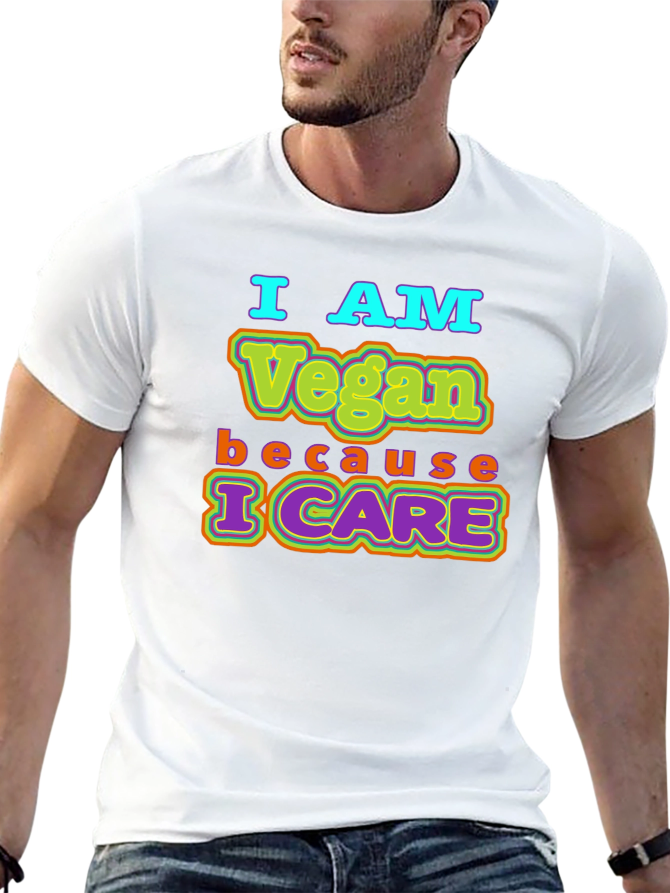 Black I AM Vegan Because I CARE Black T-Shirt view 13