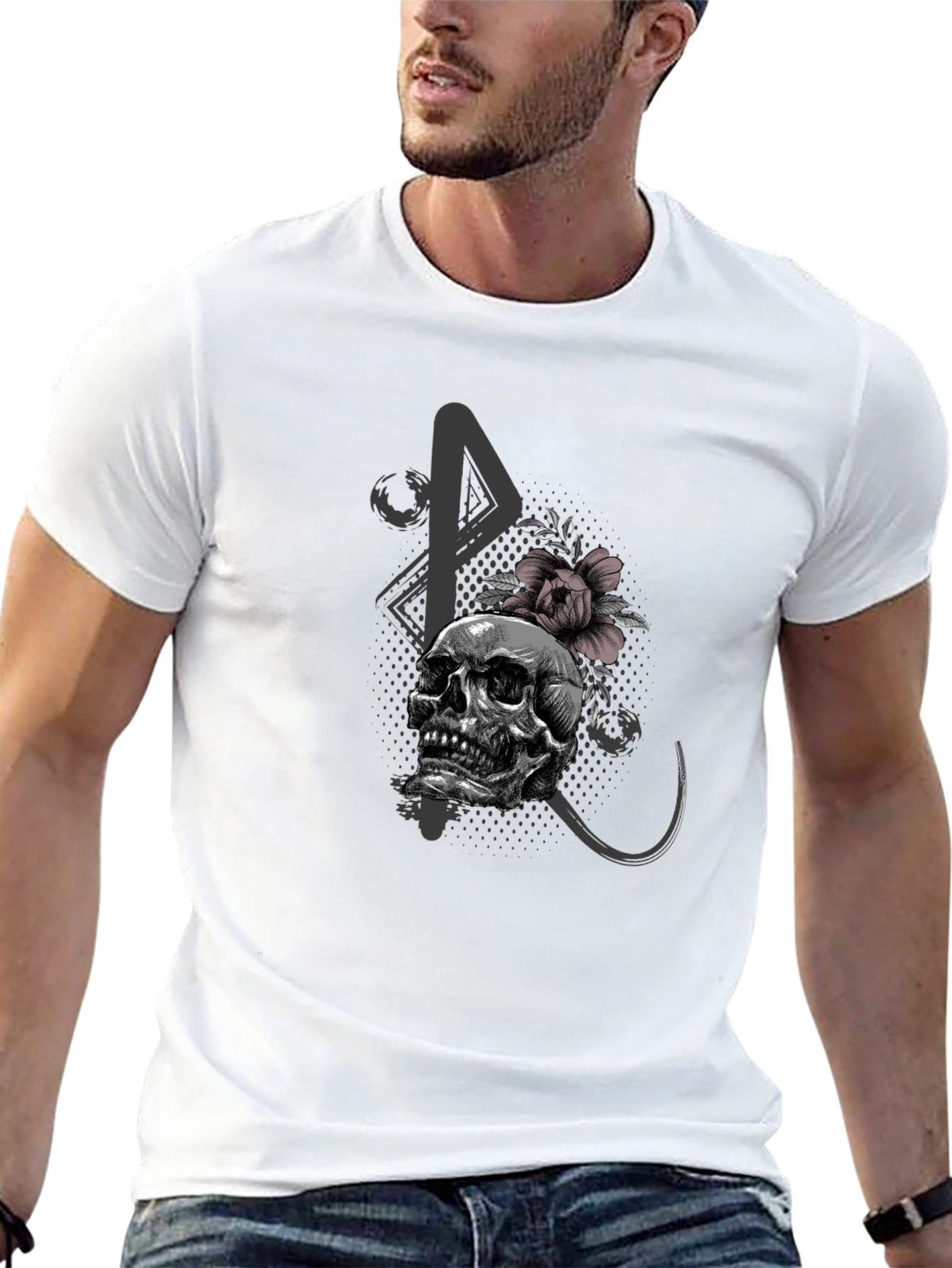 Black Skull and Flower Graphic Print Black T-Shirt view 13