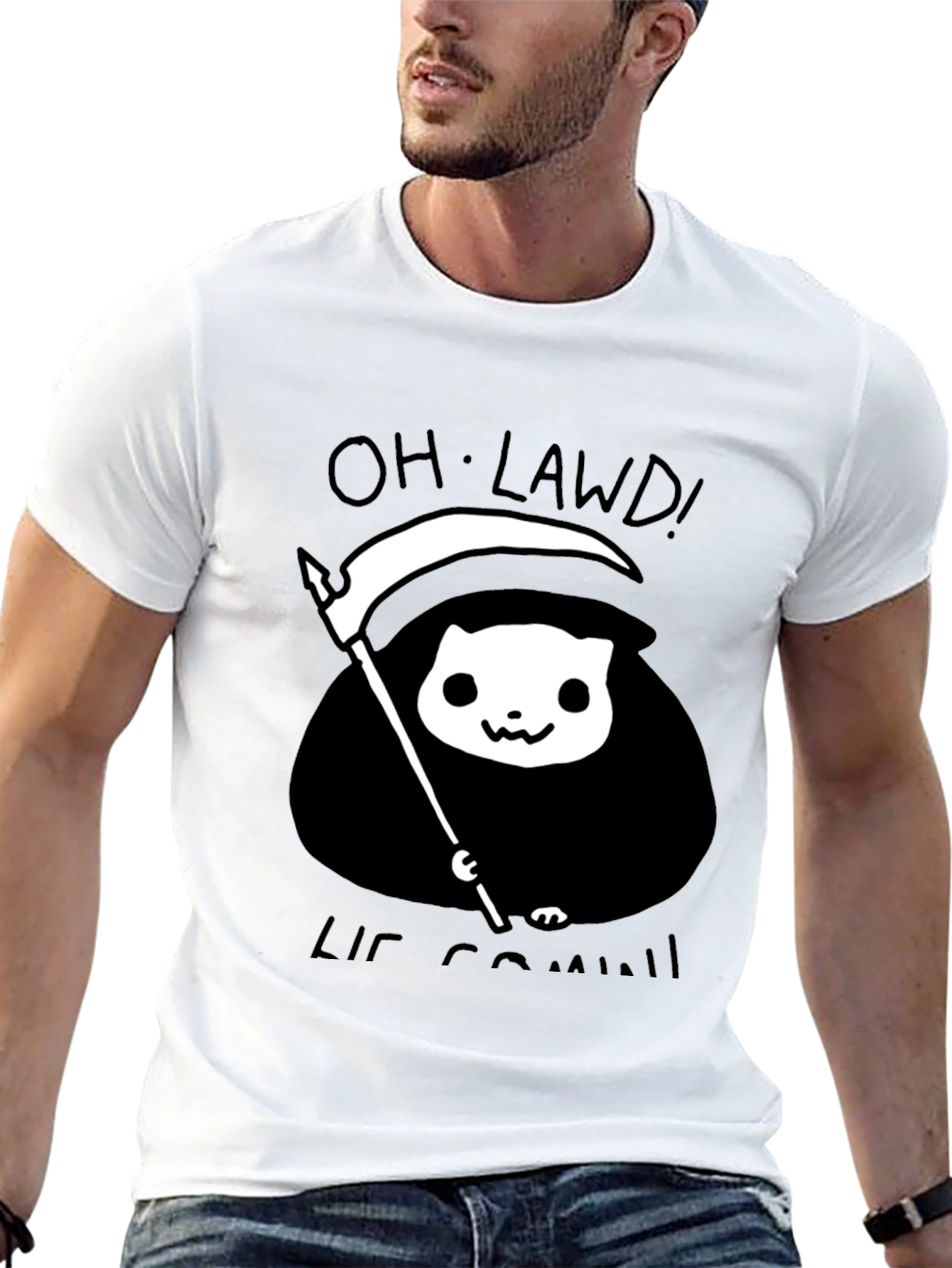 Black Grim Reaper Cat T-Shirt - Oh Lawd He Comin' Tee view 13