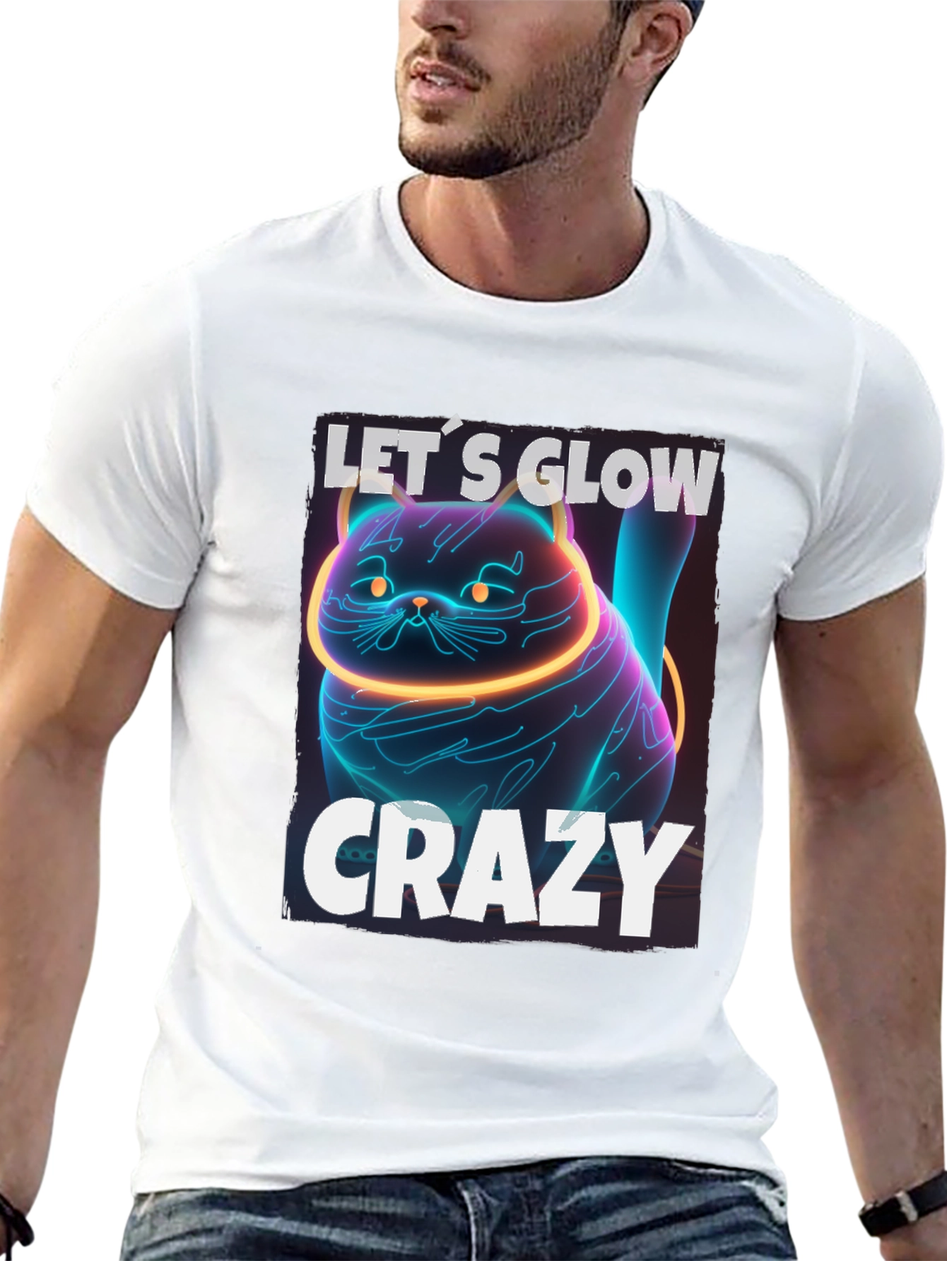 Black Let's Glow Crazy Cat Graphic T-Shirt - Neon Style view 13